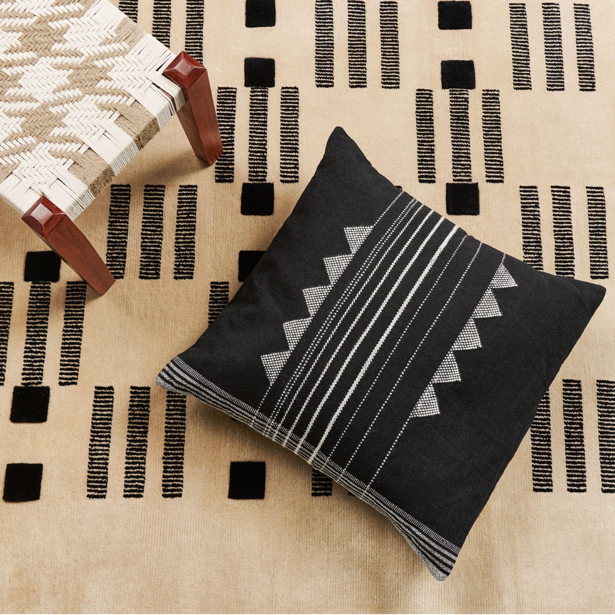 Wool Varj Hand Knotted NZ Merino Rug Black & Off White Geometric Pattern For Sale
