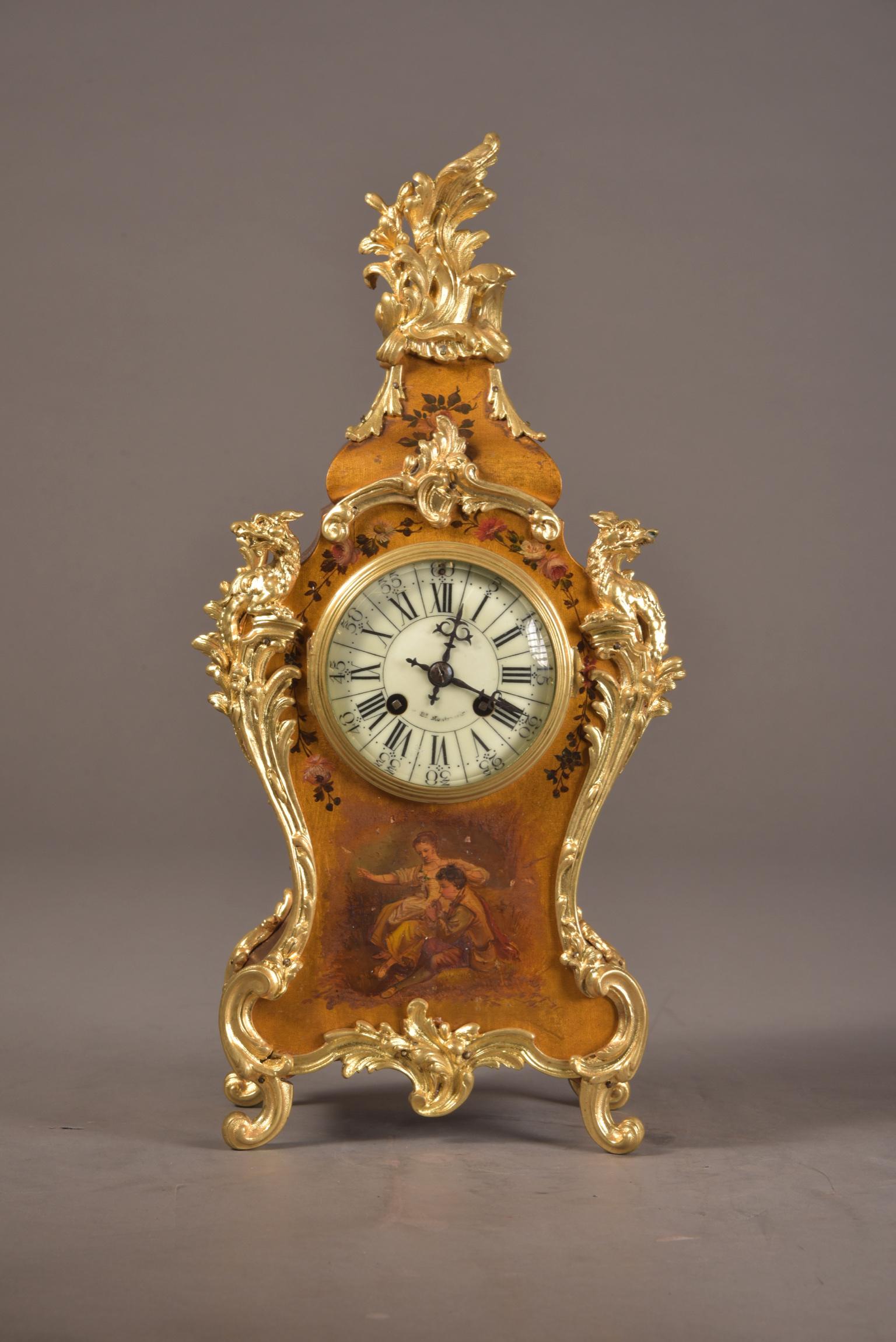 Varnish Martin wooden Boulle clock with candlesticks In Good Condition For Sale In Heukelum, NL