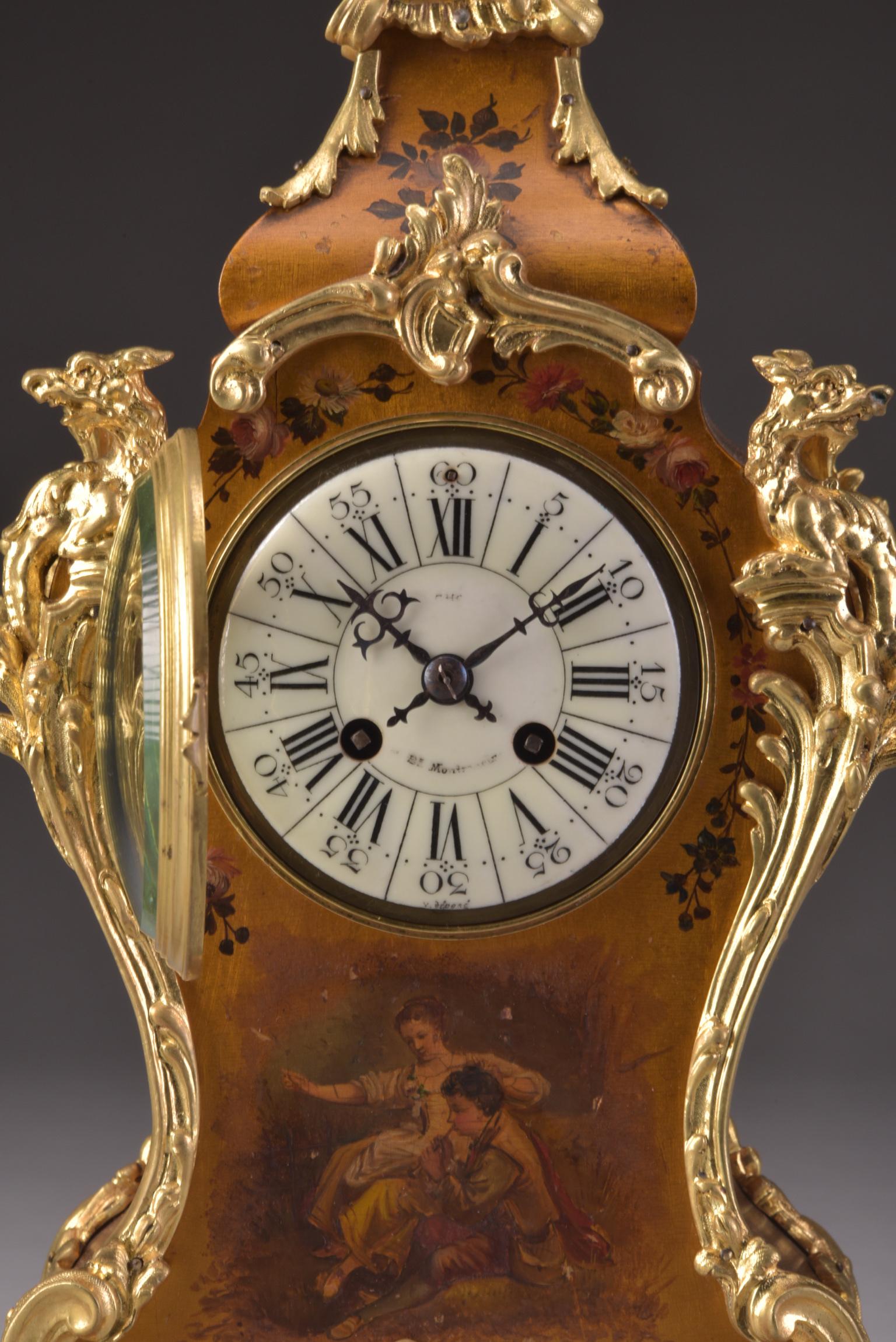 Mid-19th Century Varnish Martin wooden Boulle clock with candlesticks For Sale