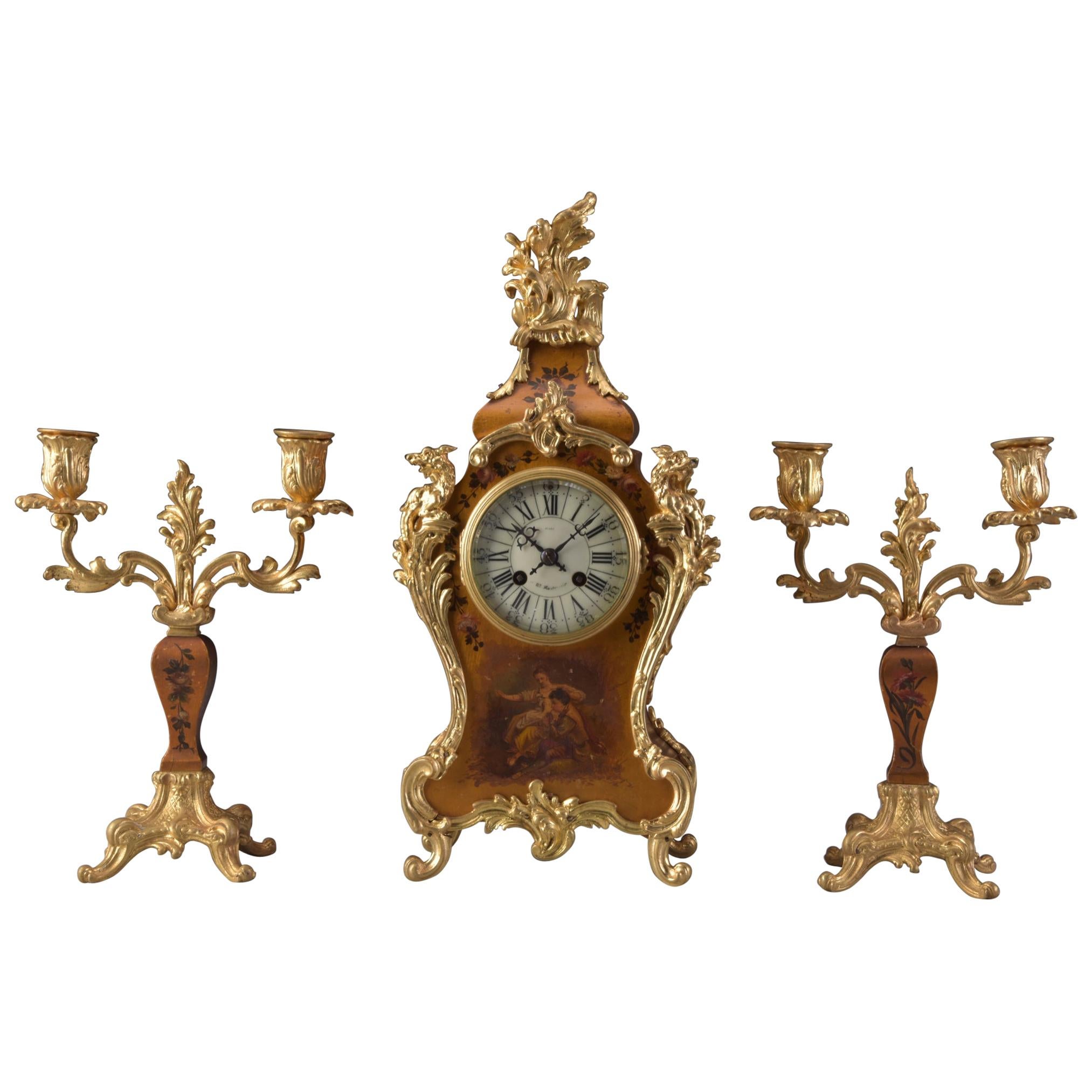 Varnish Martin wooden Boulle clock with candlesticks For Sale