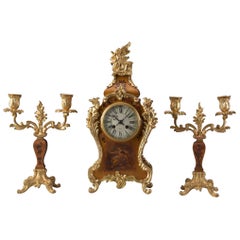 Varnish Martin wooden Boulle clock with candlesticks