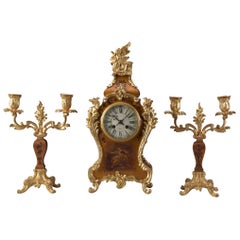 Antique Varnish Martin Wooden Boulle Clock with Candlesticks