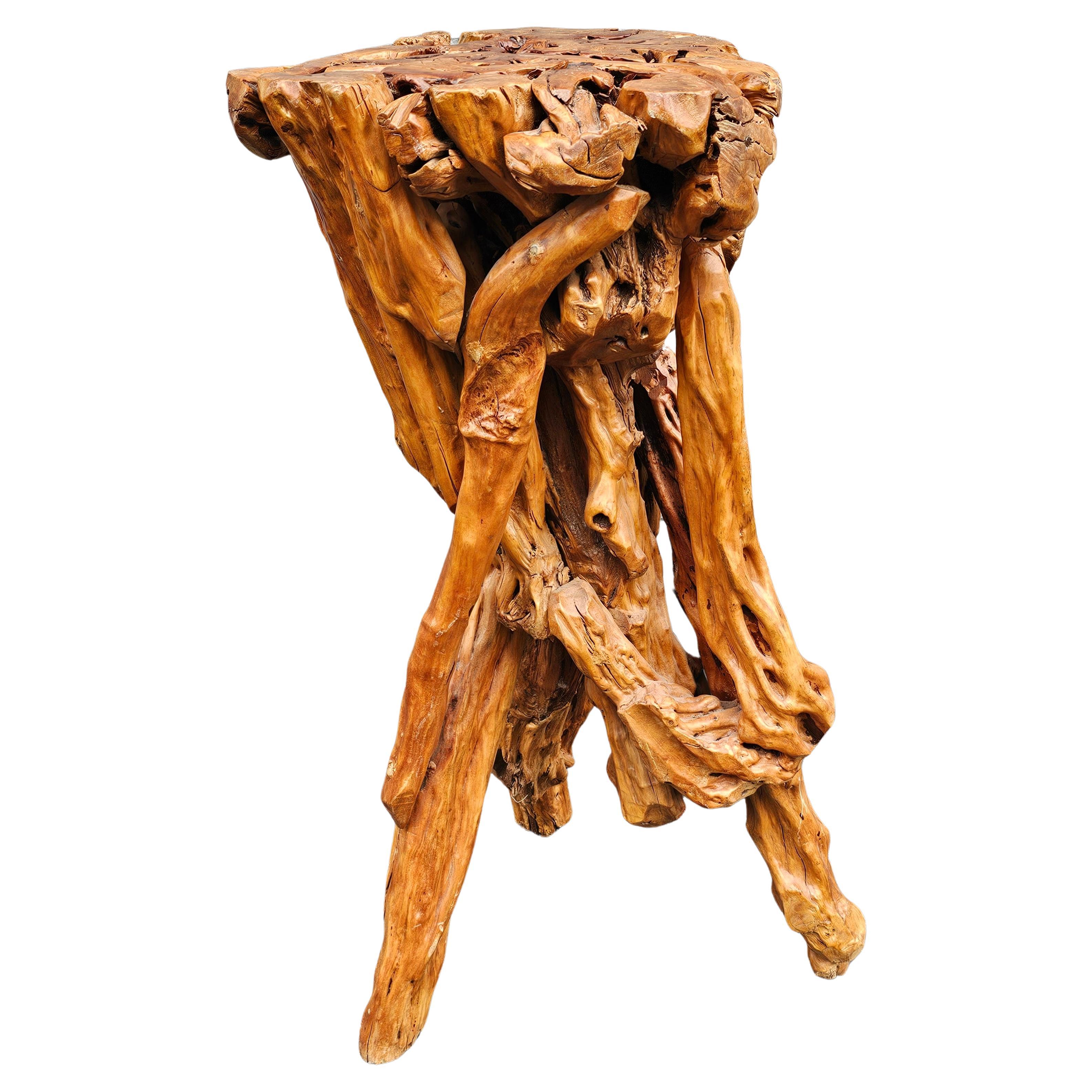 Table d'appoint à piédestal en bois organique verni avec racine en bois flotté 