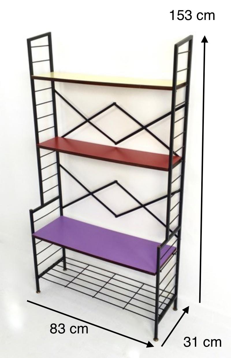 Minimalist Vintage Varnished Iron Étagère with Wooden Shelves Covered in Formica, Italy For Sale