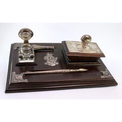 Varnished wood inkwell with silver pen, tank, blotter & seal