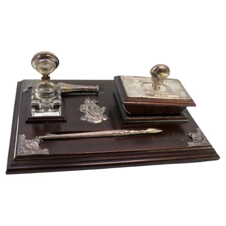 Varnished wood inkwell with silver pen, tank, blotter 
seal For Sale