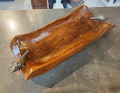 Varnished Wooden Fruit Bowl with Bronze Conch-shaped Handles