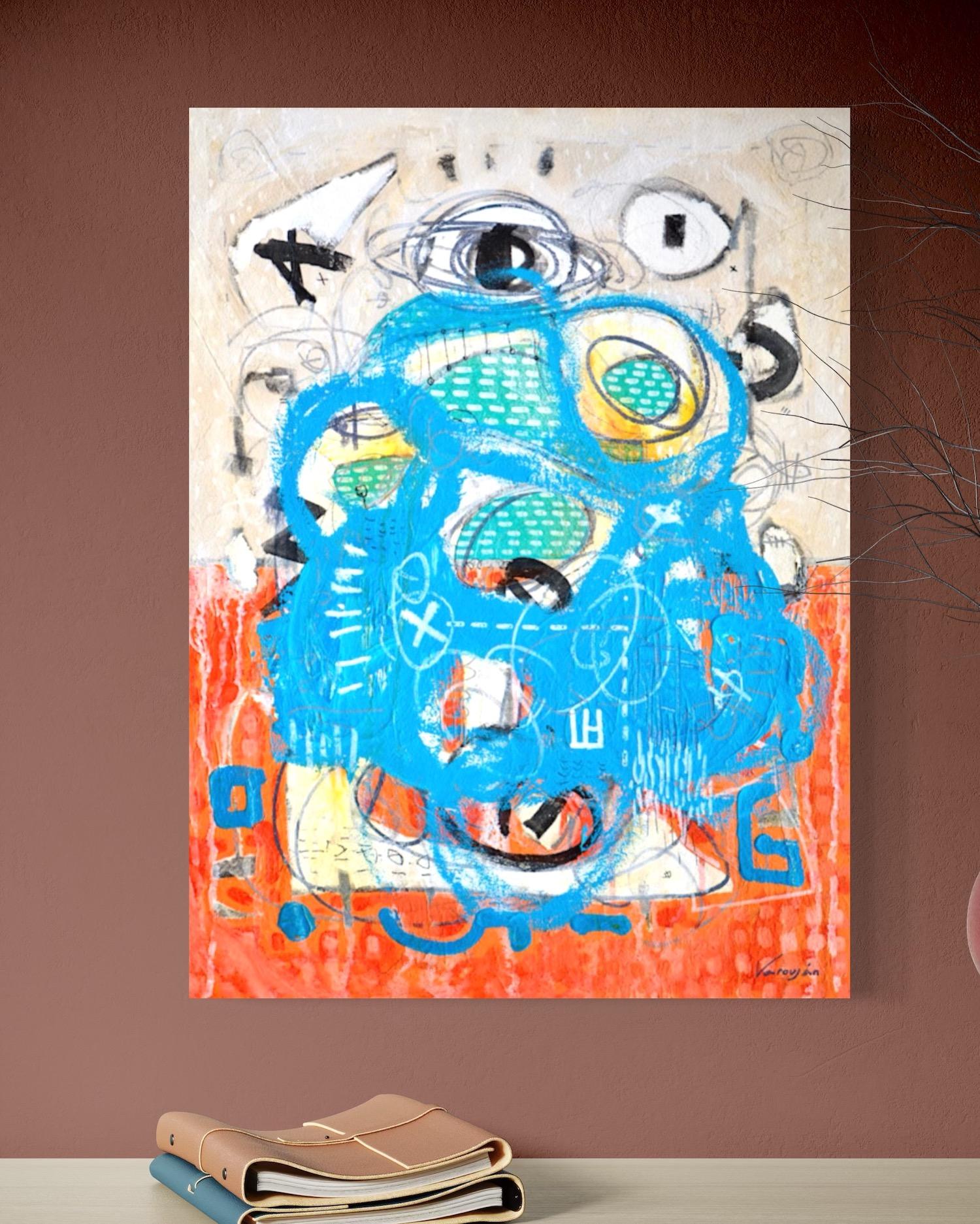 Around the Corner Abstract art Original Painting, Ready to Hang - Beige Abstract Painting by Varoujan Hovakimyan