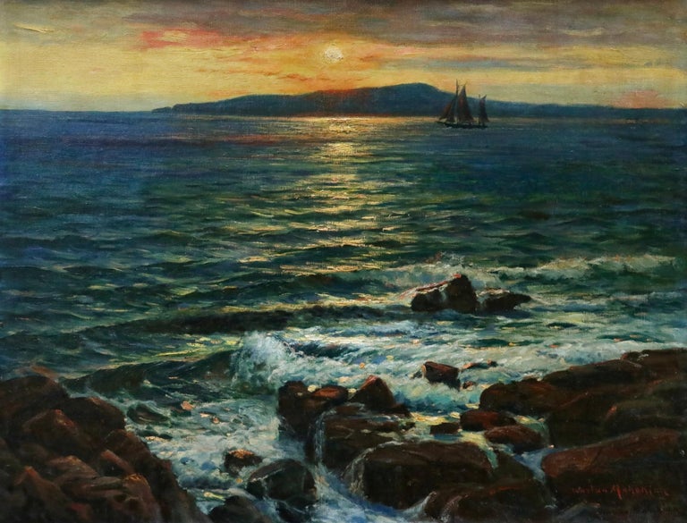 Coucher De Soleil Sur La Mer 19th Century Oil Sunset Over Seascape Mahokian