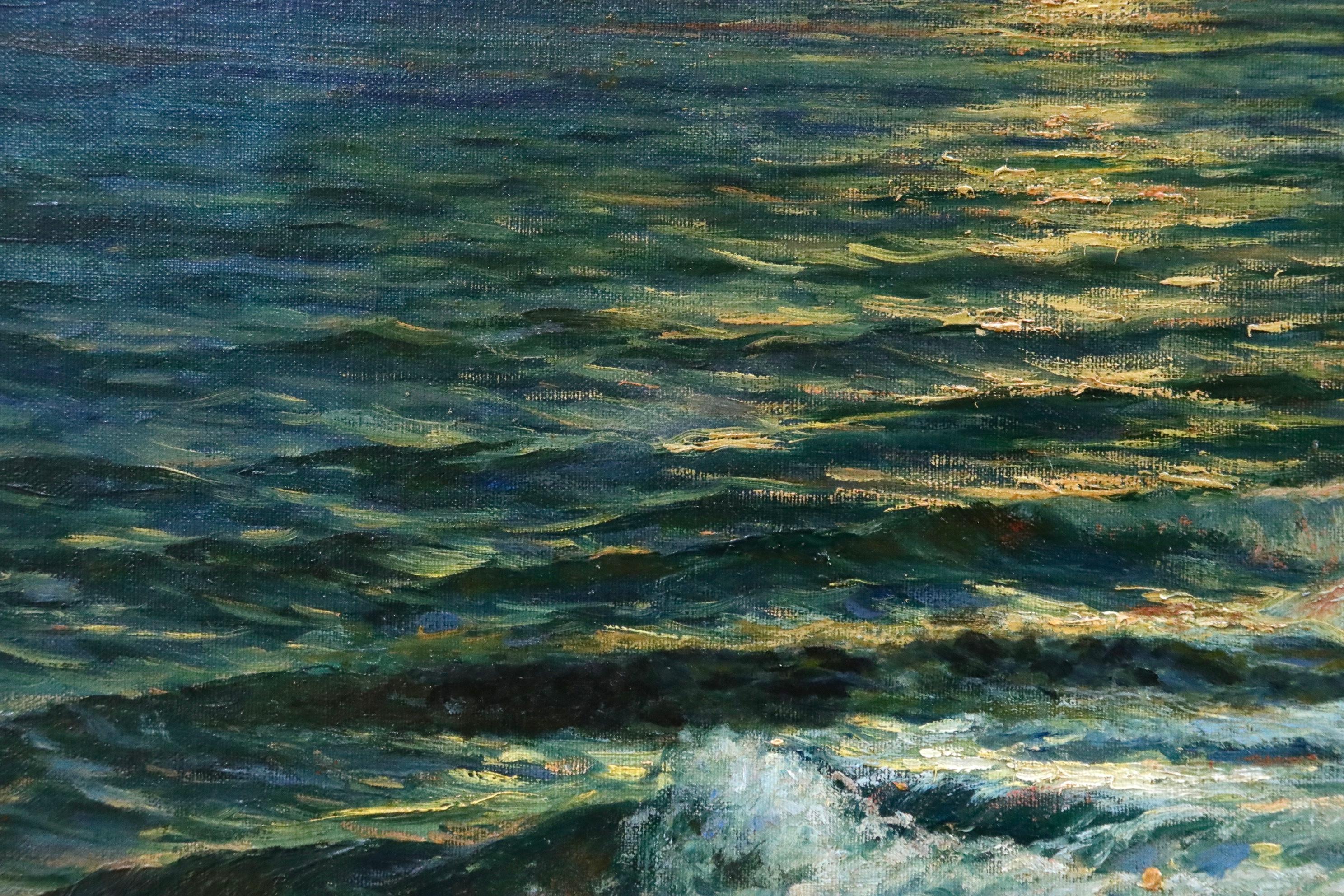Oil on canvas by Wartan Mahokian depicting a boat at sea as the setting sun reflects on waves crashing against rocks. Signed twice lower right. Framed dimensions are 23 inches high and 29 inches wide.

Provenance: Private American