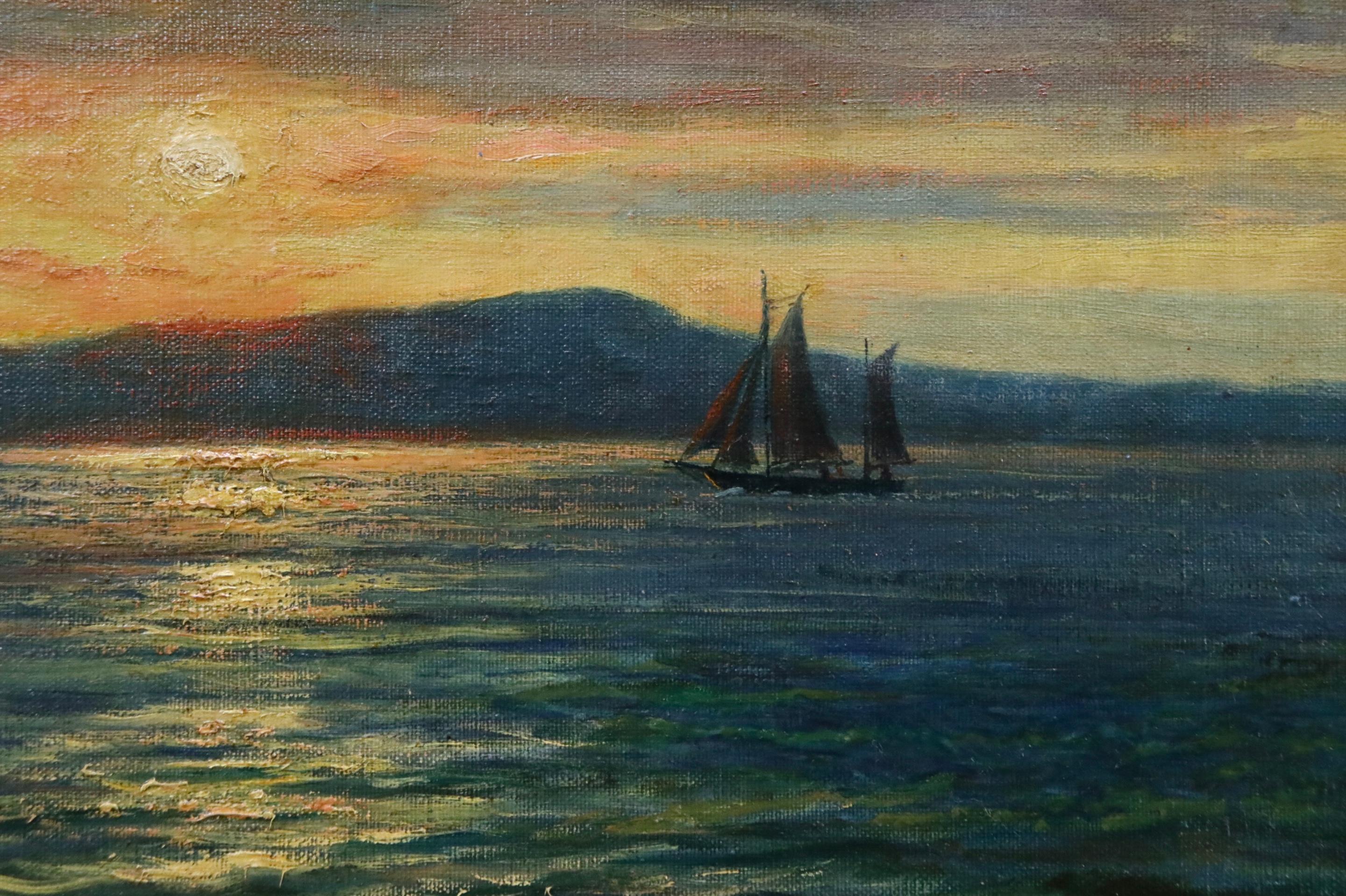 Coucher de Soleil sur la Mer - 19th Century Oil, Sunset over Seascape - Mahokian 1
