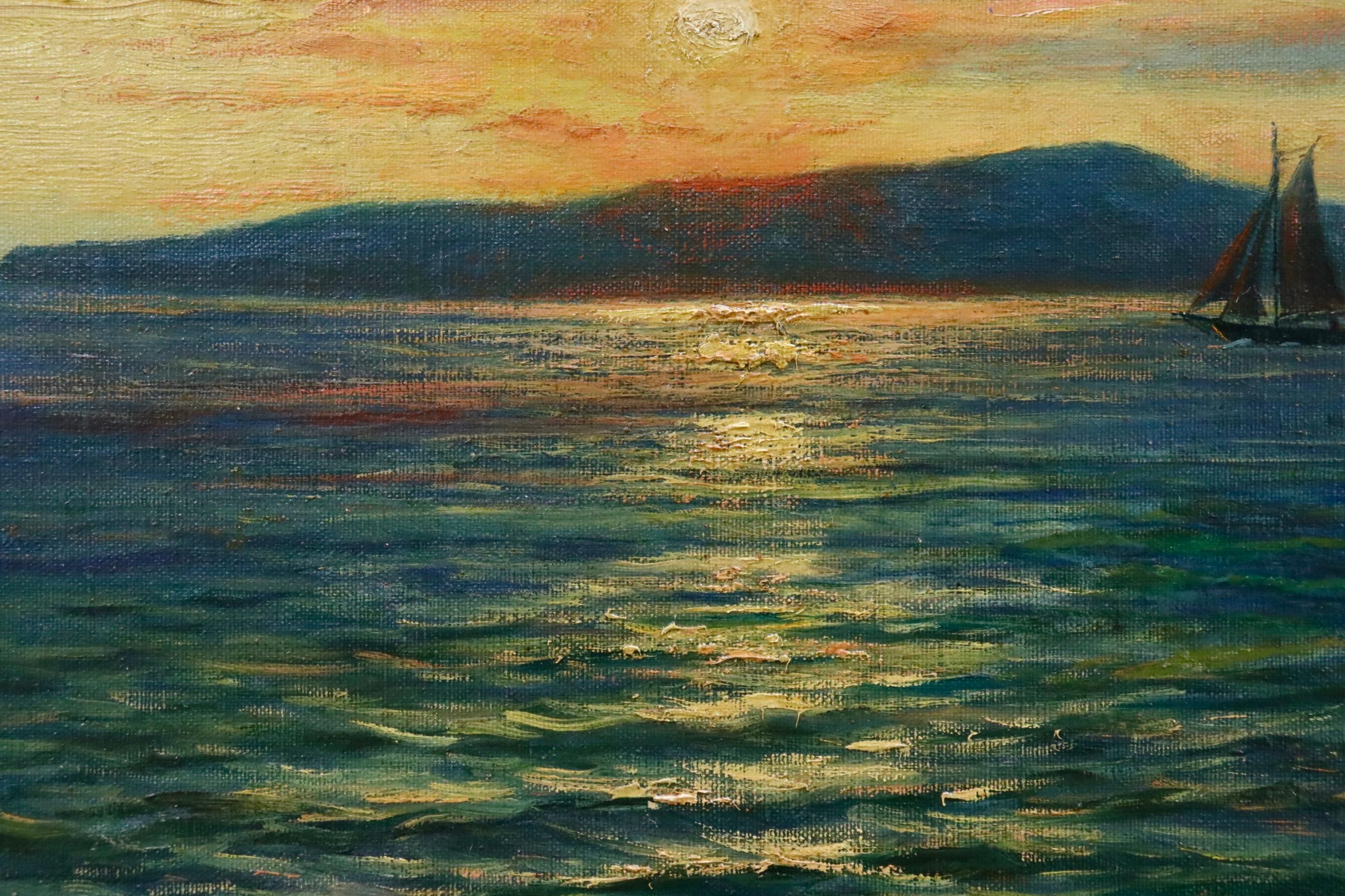 Coucher de Soleil sur la Mer - 19th Century Oil, Sunset over Seascape - Mahokian 2