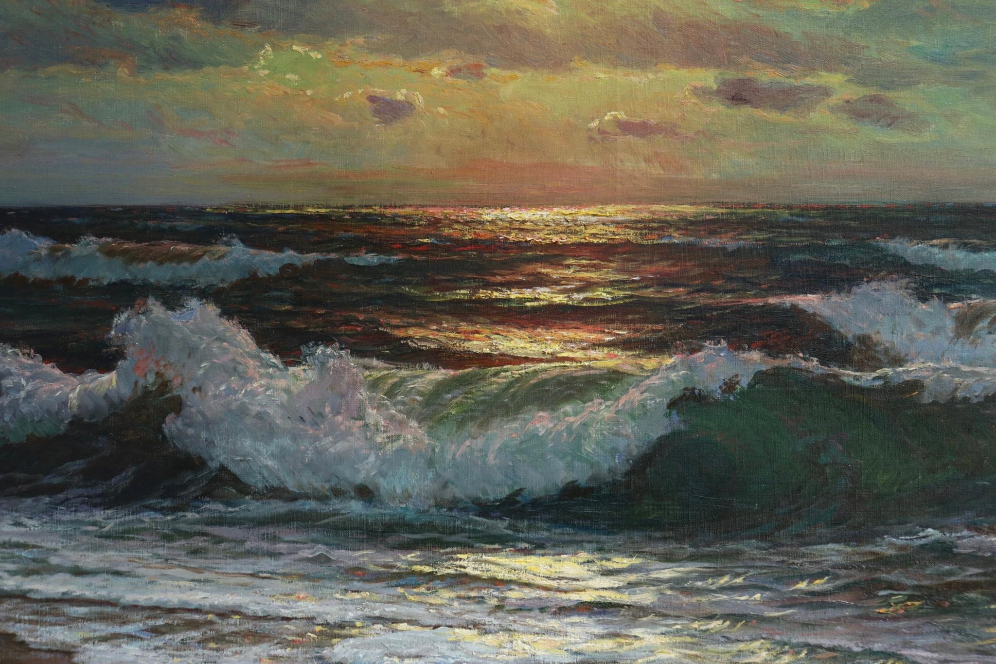 A stunning large oil on canvas circa 1920 by Armenian painter Wartan Mahokian depicting seascape at sunset. The colours and the use of light and shade are simply beautiful. Signed lower left. 

Dimensions:
Framed: 37