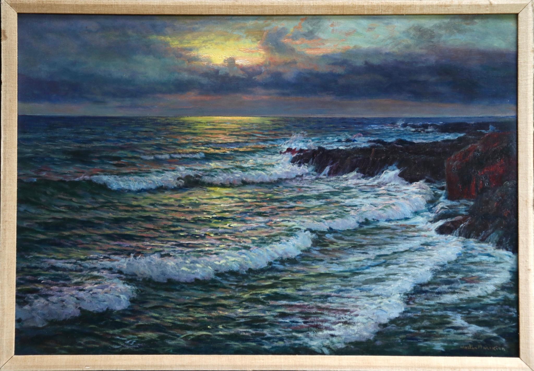 A stunning large oil on canvas by Armenian painter Wartan Mahokian depicting a coastal scene - the setting sun reflecting on waves crashing against rocks. The colours and the use of light and shade a simply beautiful. 

Signature:
Signed lower