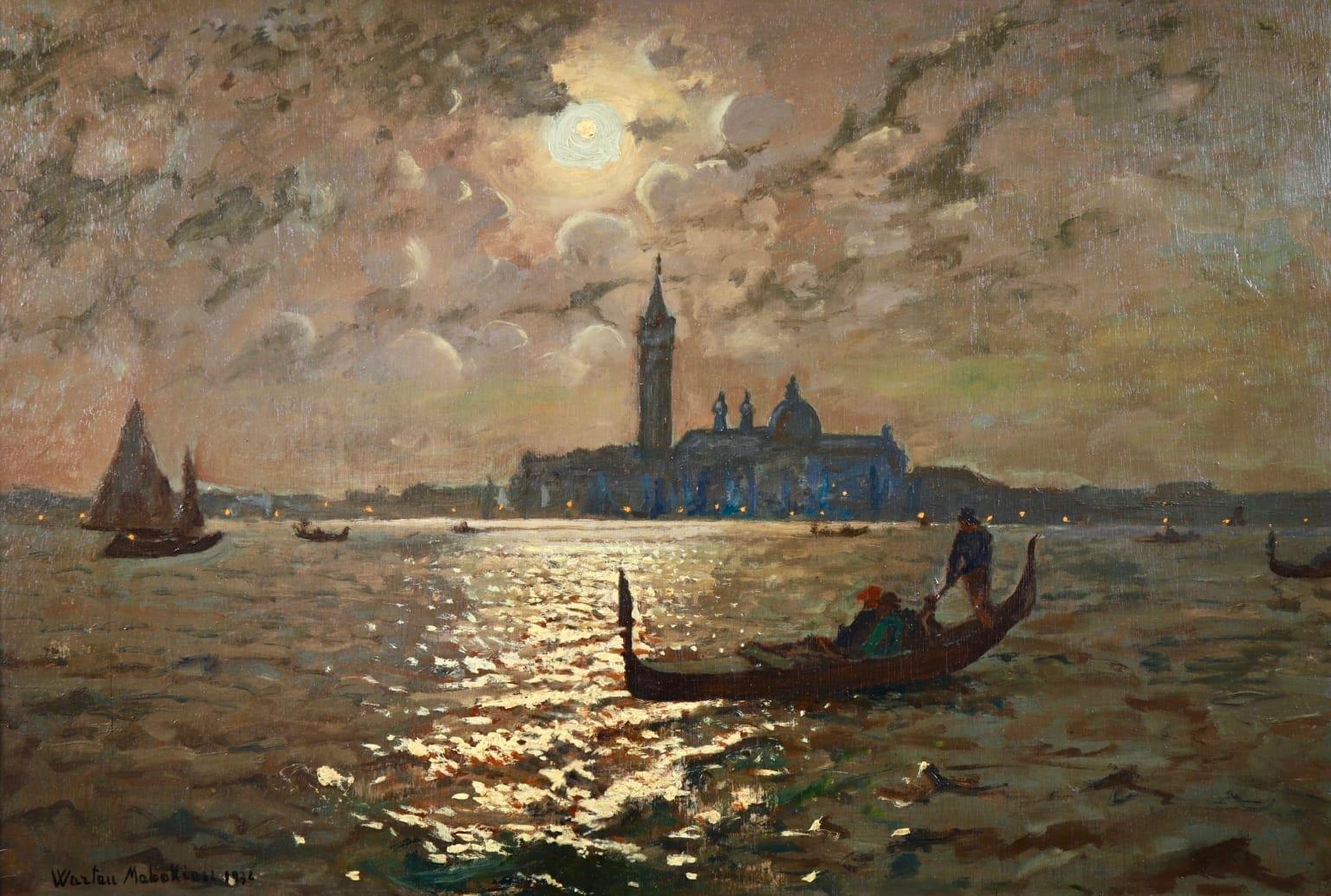 A large and beautiful oil on canvas by Armenian painter Wartan Mahokian depicting figures sailing in gondolas in Venice with the Doges Palace in the background and the light from the moon reflecting in the rippling water.

Signature:
Signed & dated