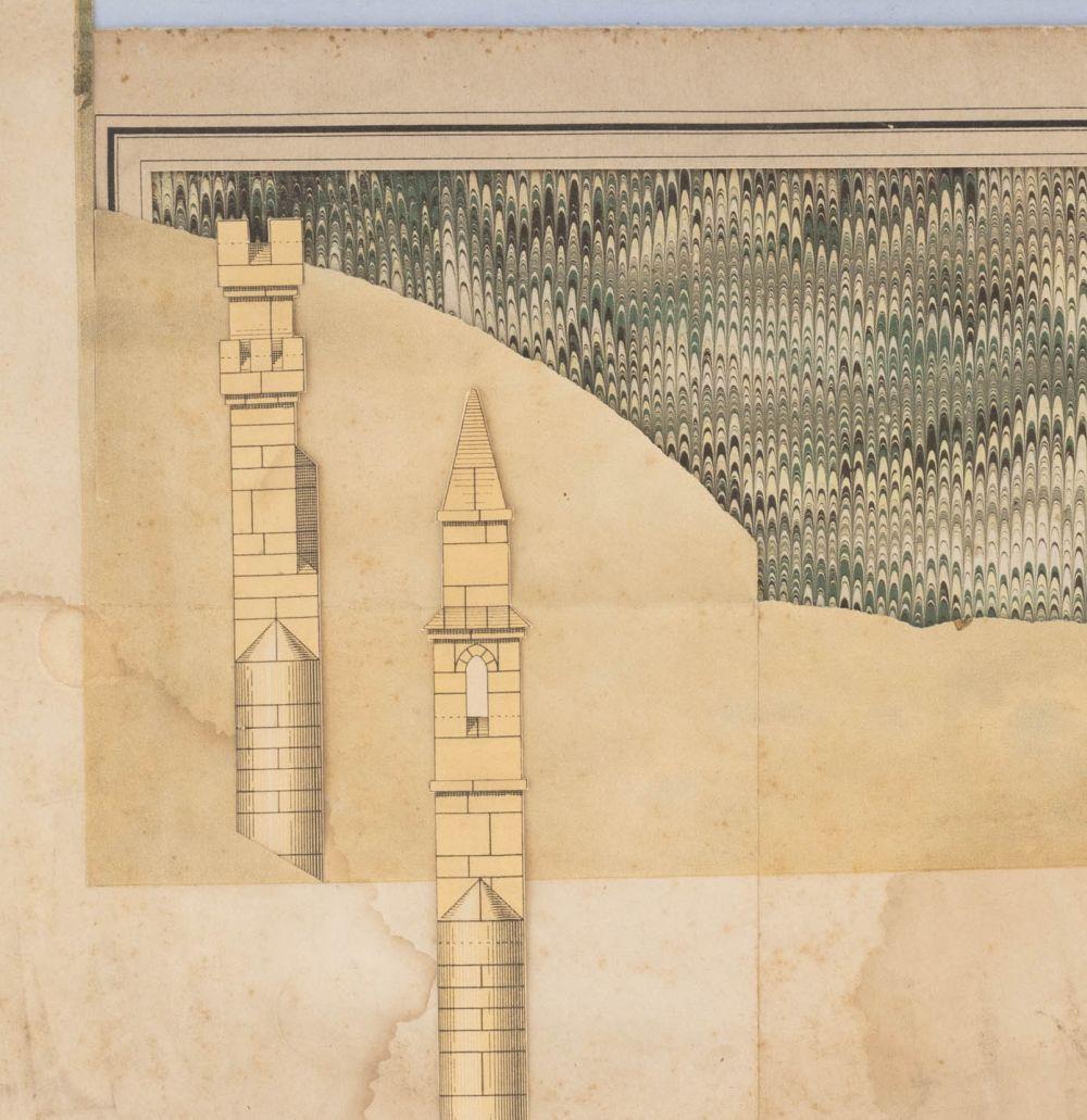 Varujan Boghosian (American, 1926-2020), Castle, Paper Collage, 1978, signed in pencil lower right, Cordier & Ekstrom label to the reverse, wood frame. Image: 9.5