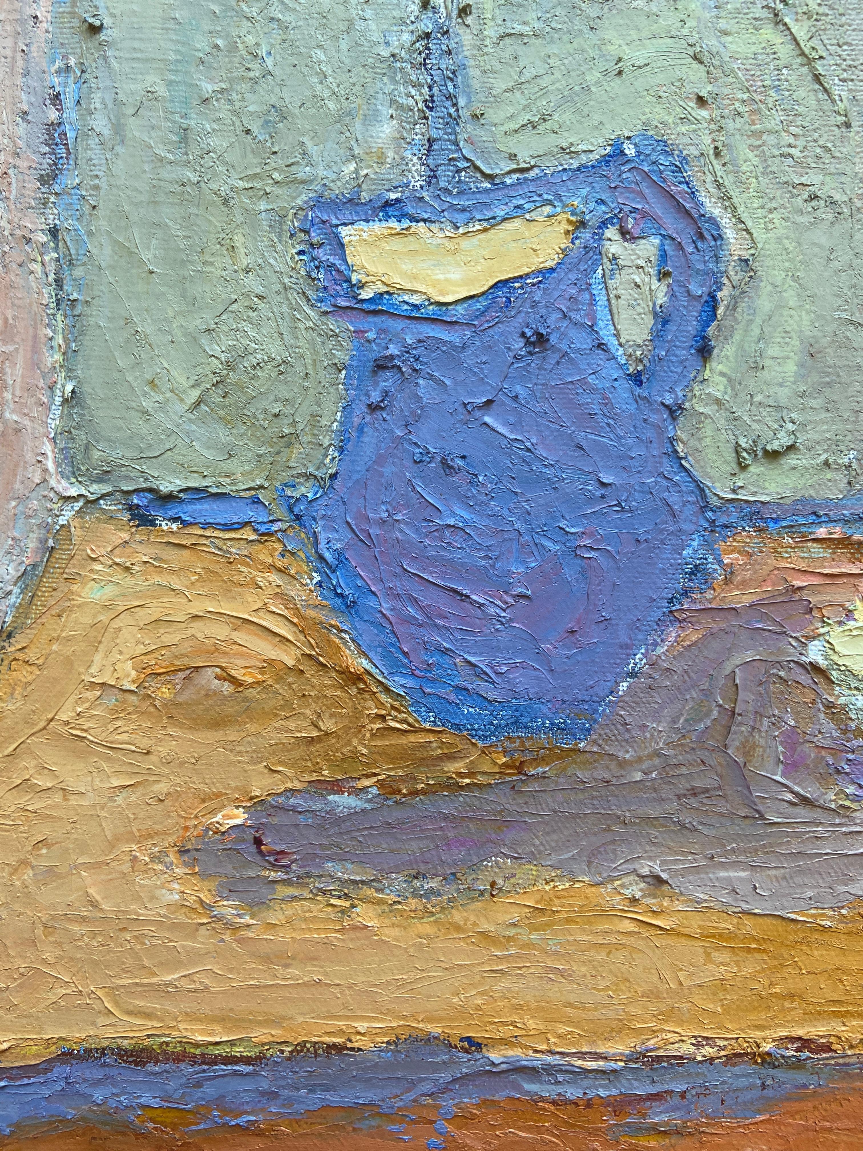 Blue Vase and a Dried Rose - 21st Century Contemporay Still Life Oil Painting For Sale 1