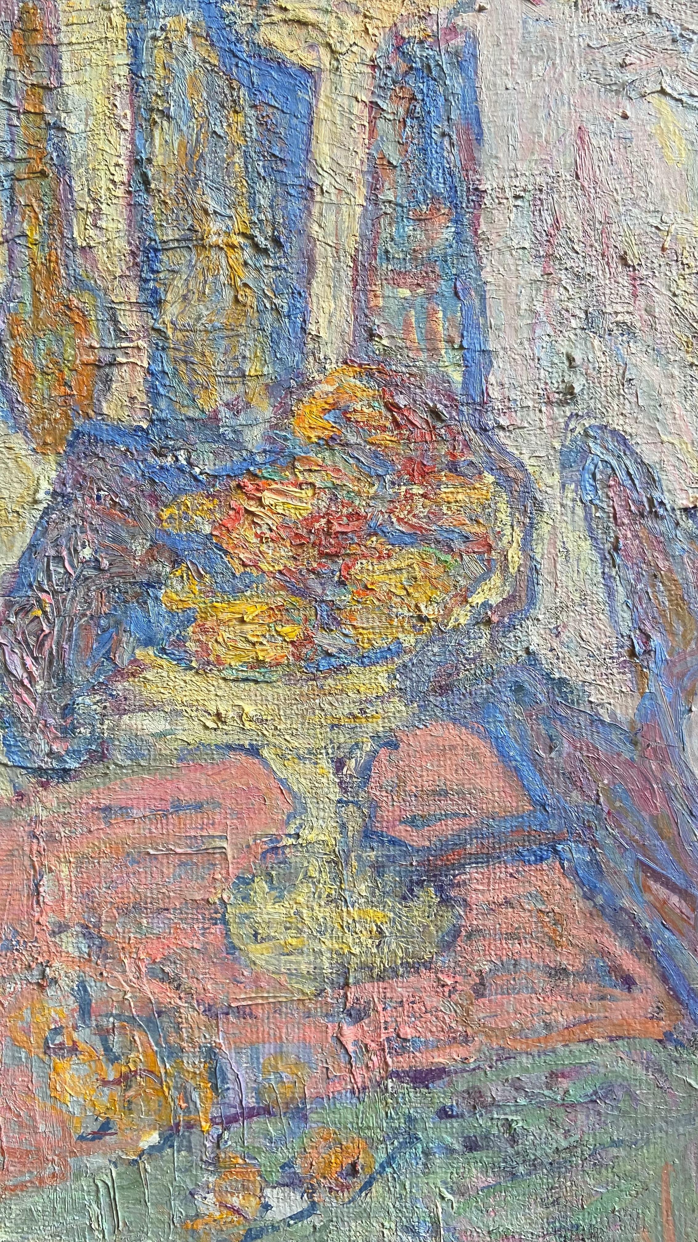 Fruit Vase on a White Chair - 21st Century Contemporay Still Life Oil Painting For Sale 1