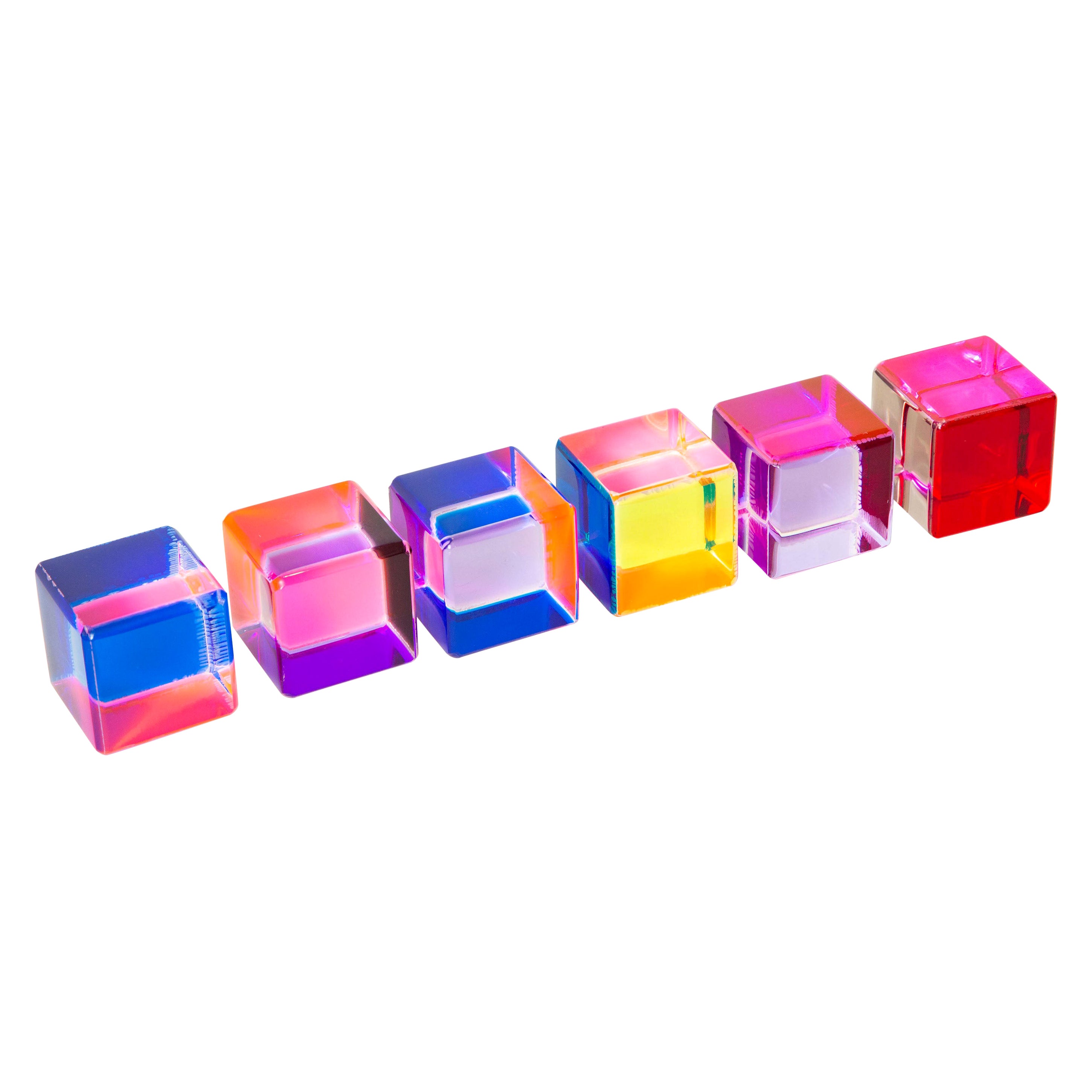 Vasa Laminated Lucite Purple, Pink, Orange, Red, Blue Cube Sculptures Set of Six