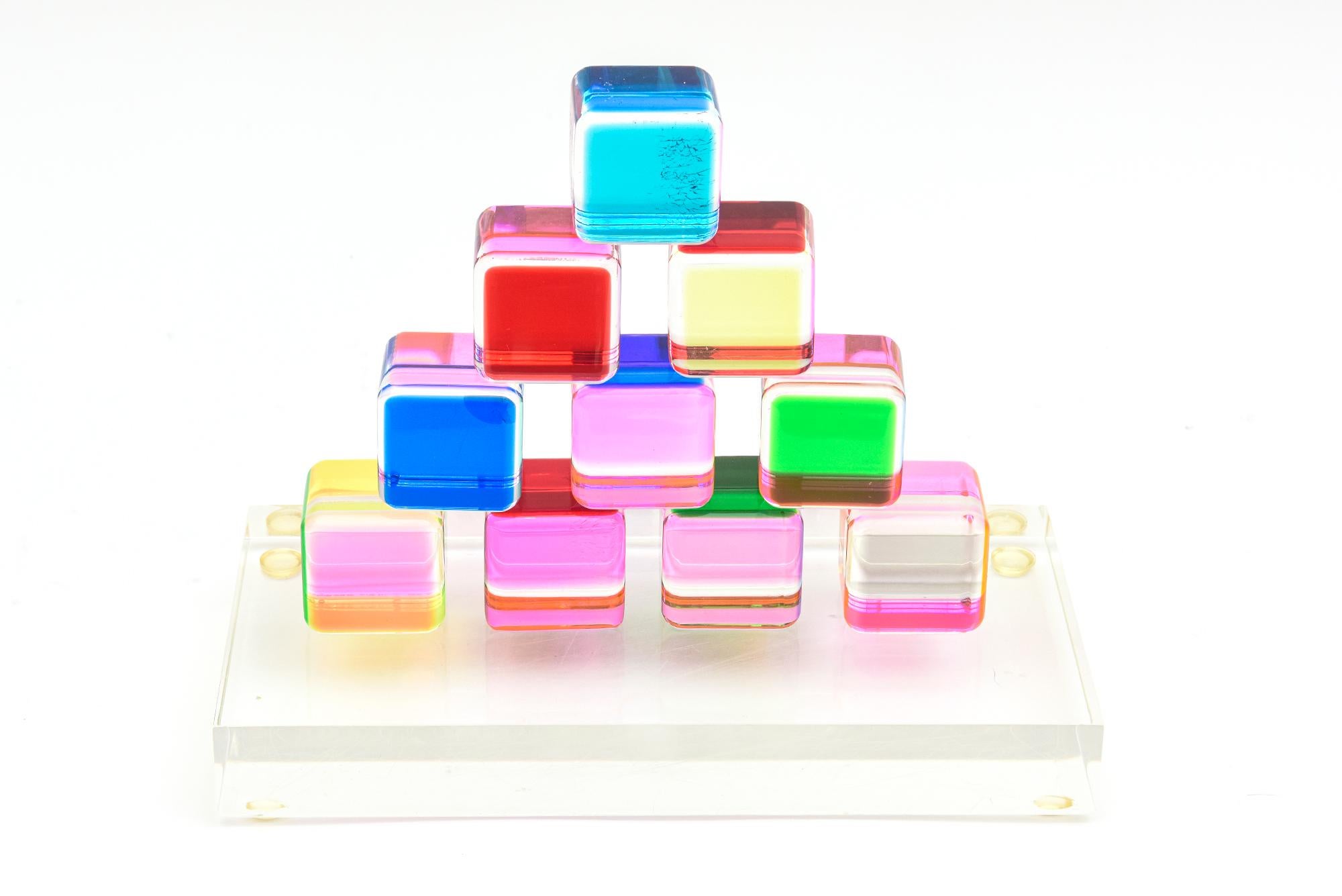 Vasa Mihich Laminated Lucite Cube Sculptures Signed Set of 10 on Lucite Base 9