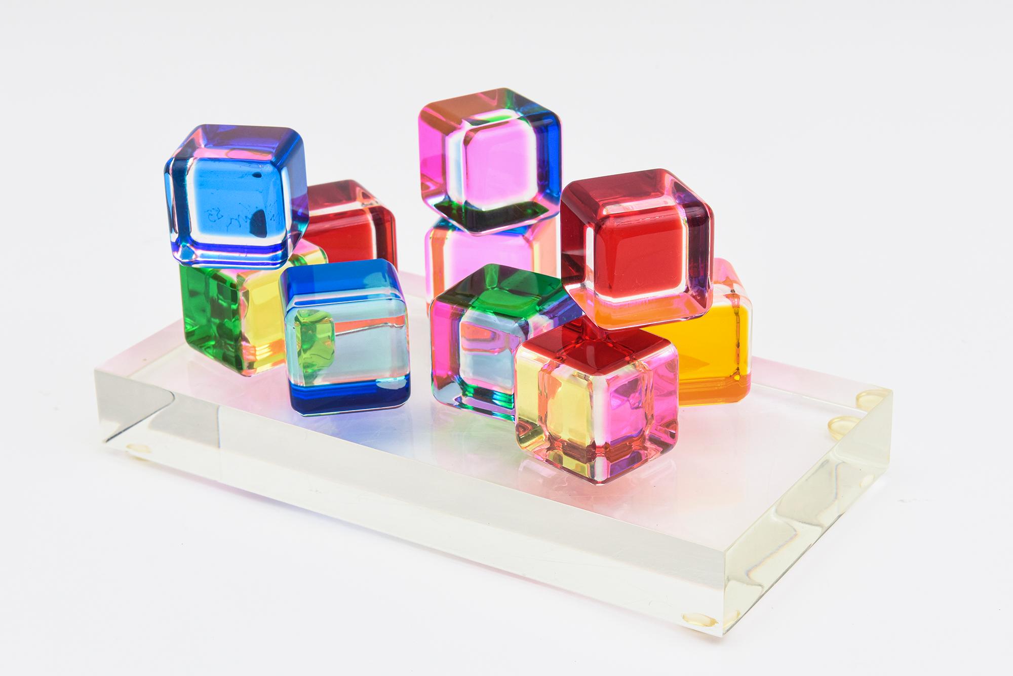 Vasa Mihich Laminated Lucite Cube Sculptures Signed Set of 10 on Lucite Base In Good Condition In North Miami, FL
