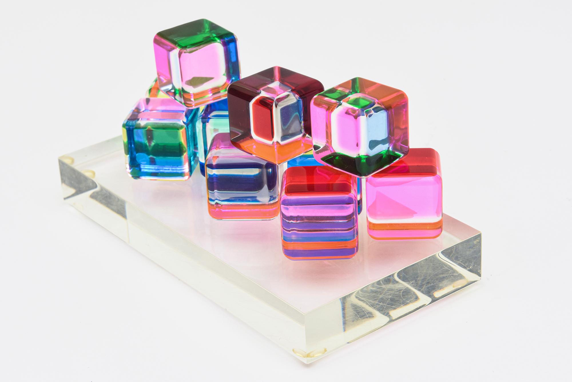 Late 20th Century Vasa Mihich Laminated Lucite Cube Sculptures Signed Set of 10 on Lucite Base
