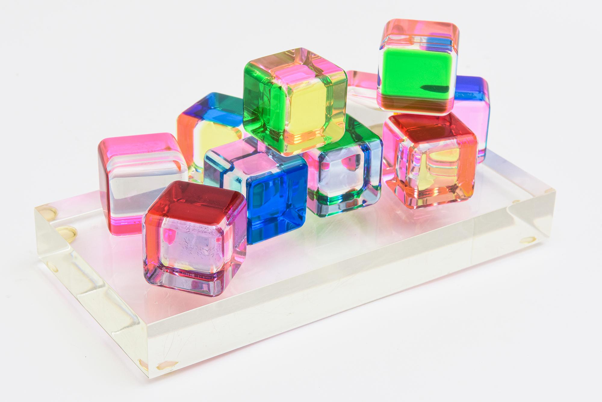 Vasa Mihich Laminated Lucite Cube Sculptures Signed Set of 10 on Lucite Base 1