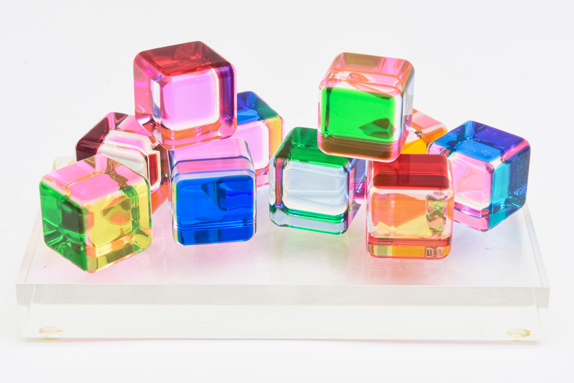 Vasa Mihich Laminated Lucite Cube Sculptures Signed Set of 10 on Lucite Base 2