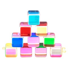 Vasa Mihich Laminated Lucite Cube Sculptures Signed Set of 10 on Lucite Base