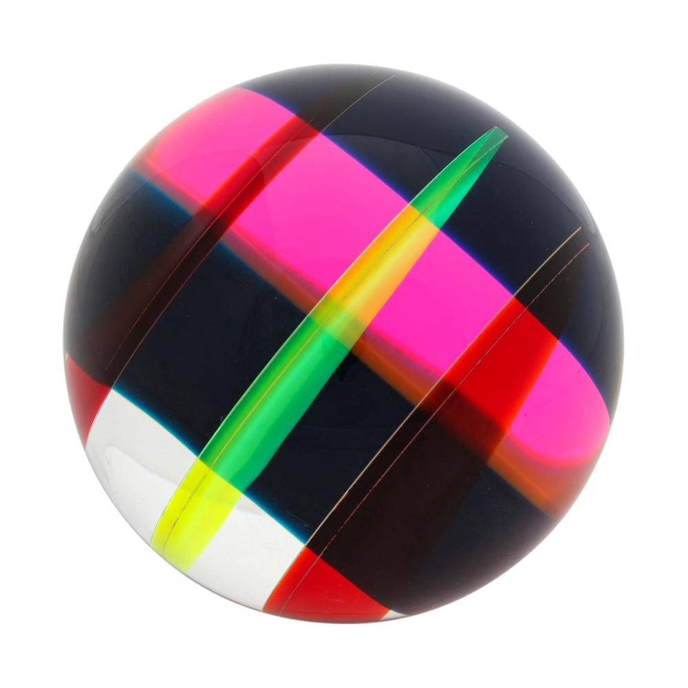 Vasa Mihich sphere, cast acrylic, red, pink, yellow, black, abstract, signed. Small scale laminated cast acrylic table sculpture in red, magenta, fluorescent yellow and black. Measures 5 inches across the belly and is 5 inches tall. Sold with its