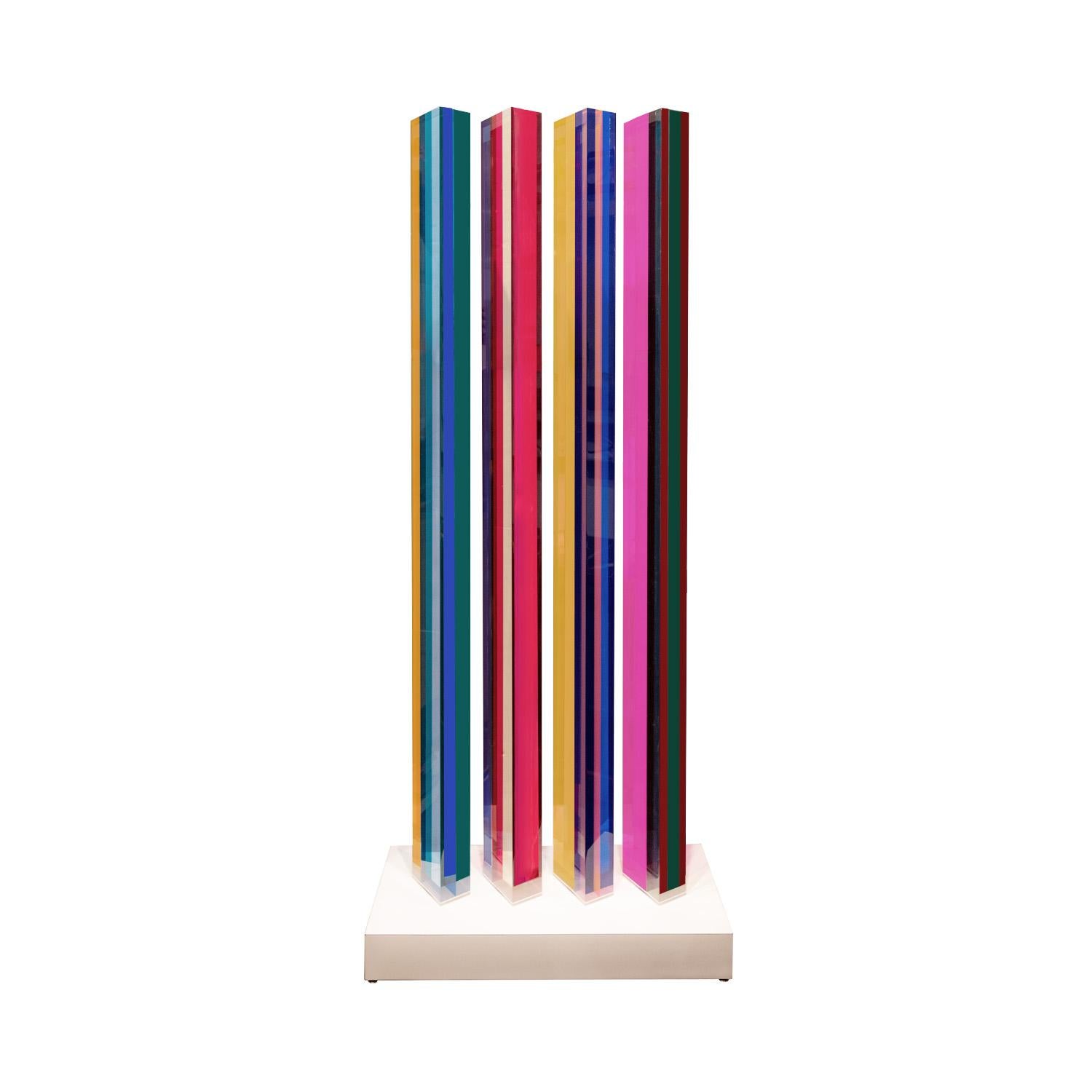 Rare large multicolor lucite 4 column sculpture #2416 with original white laminate base by Vasa Studio, American 1985 (signed, numbered and dated “#2416 Vasa 85” in lucite, comes with original invoice dated 3/16/85). Large multitower sculptures by