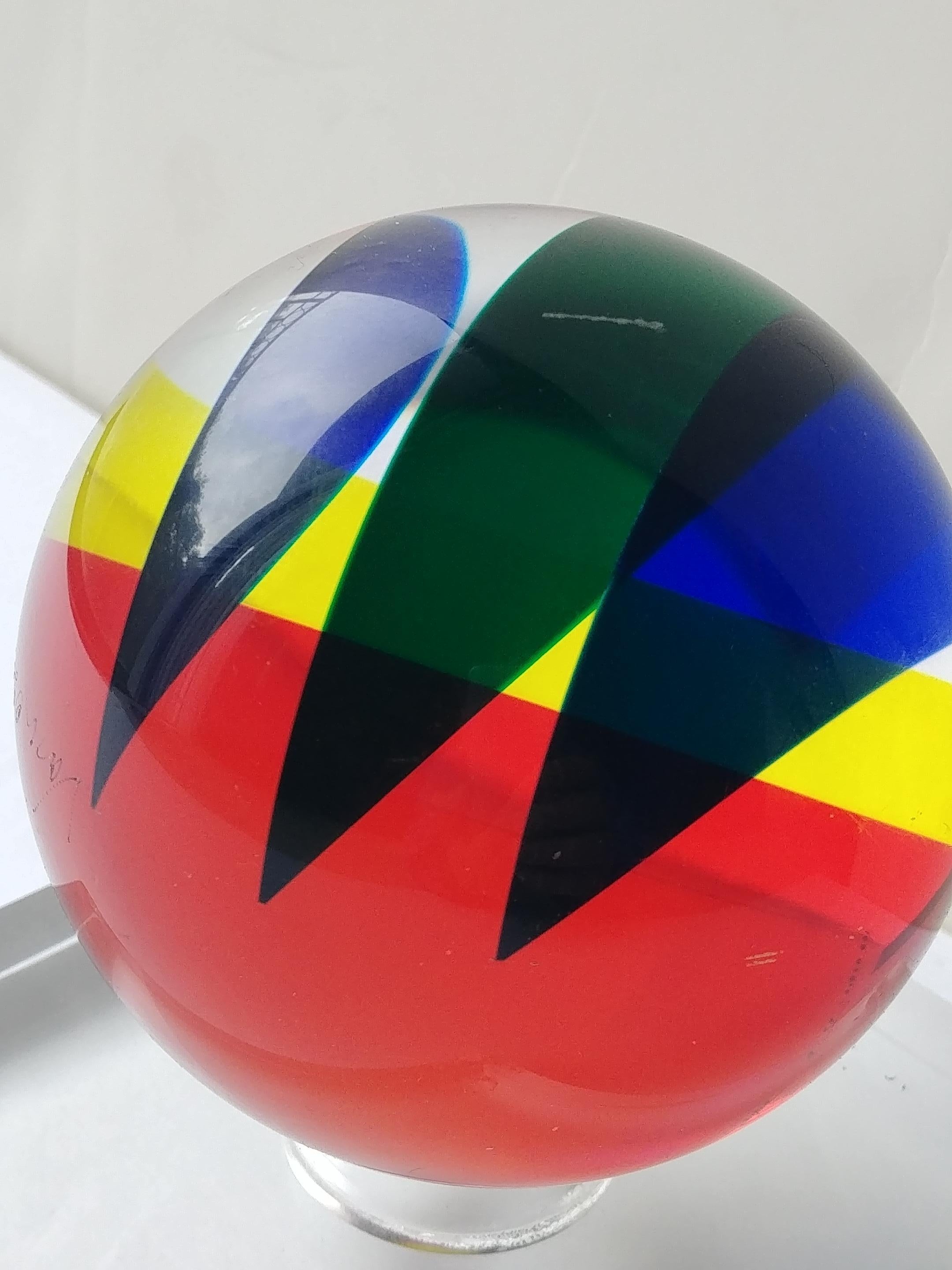 Very nice multicolored acrylic ball, by the well-known artist Vasa, signed and date 2001. As shown in pictures. Has a custom acrylic base 5 inches square and approximate 1