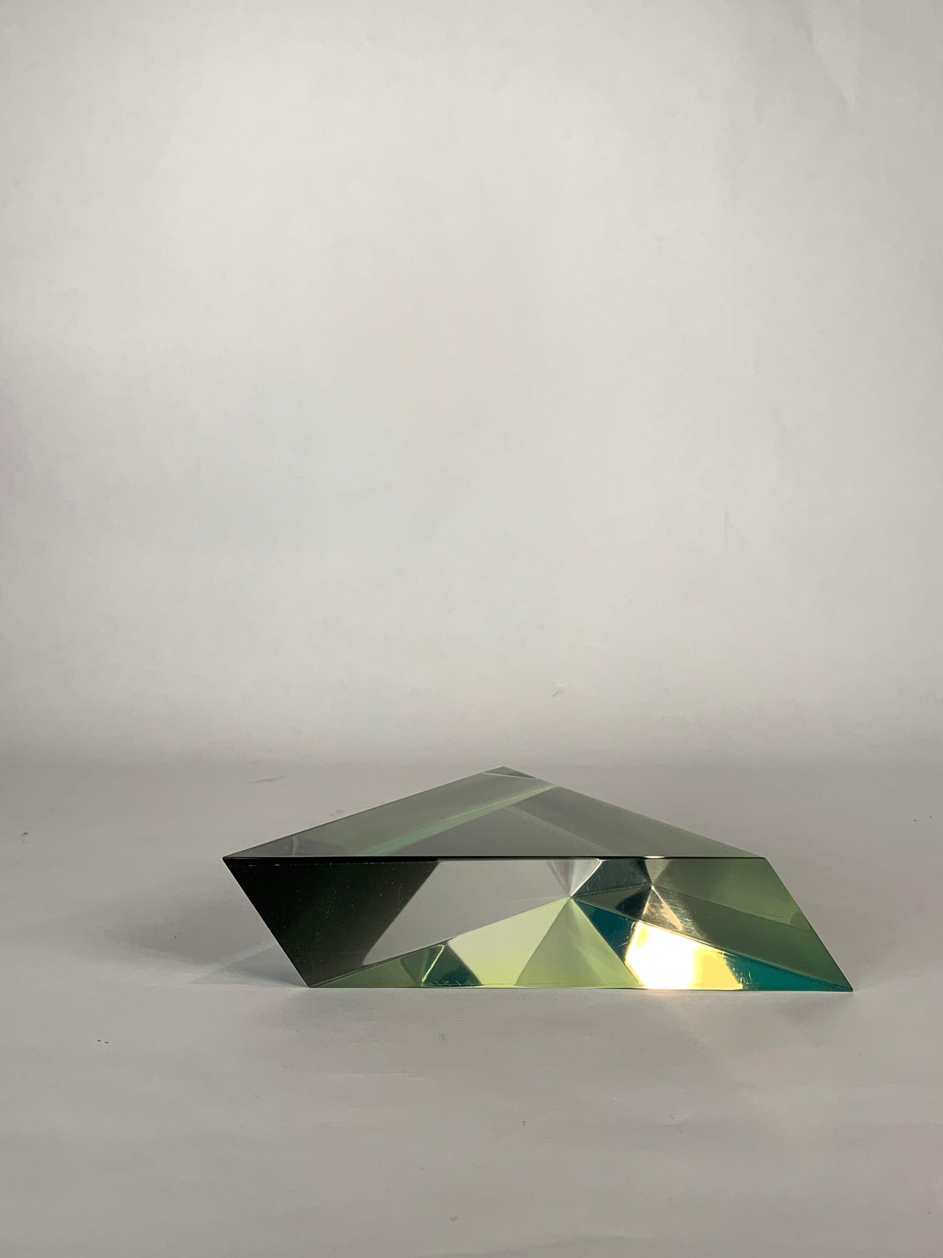 Pale green acrylic pyramid signed and dated 1981 sculpture by Vasa Velizar Mihich.