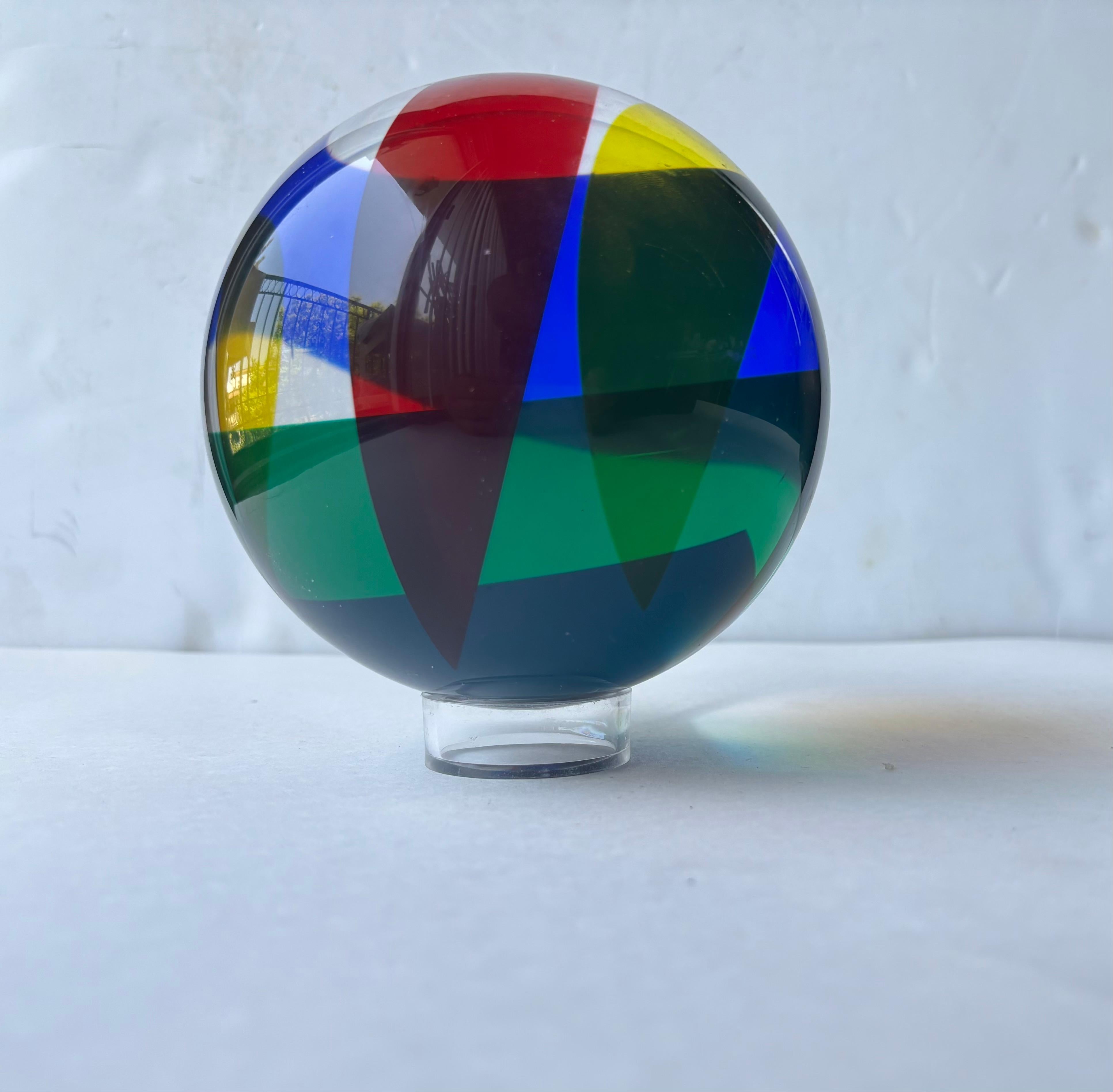 Vasa acrylic sculpture abstract design , 5 inches diameter signed and dated . w/ stand.