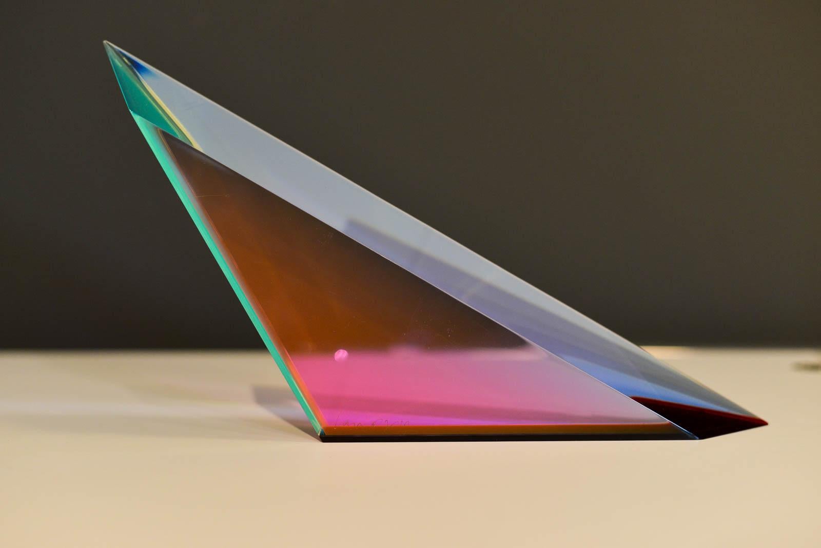 Vasa Velizar Mihich lucite triangle, 2012. Irregular shape colored lucite in very good condition signed and dated 2012. Includes catalog from Palm Springs Desert Museum, 1980

Measures 14