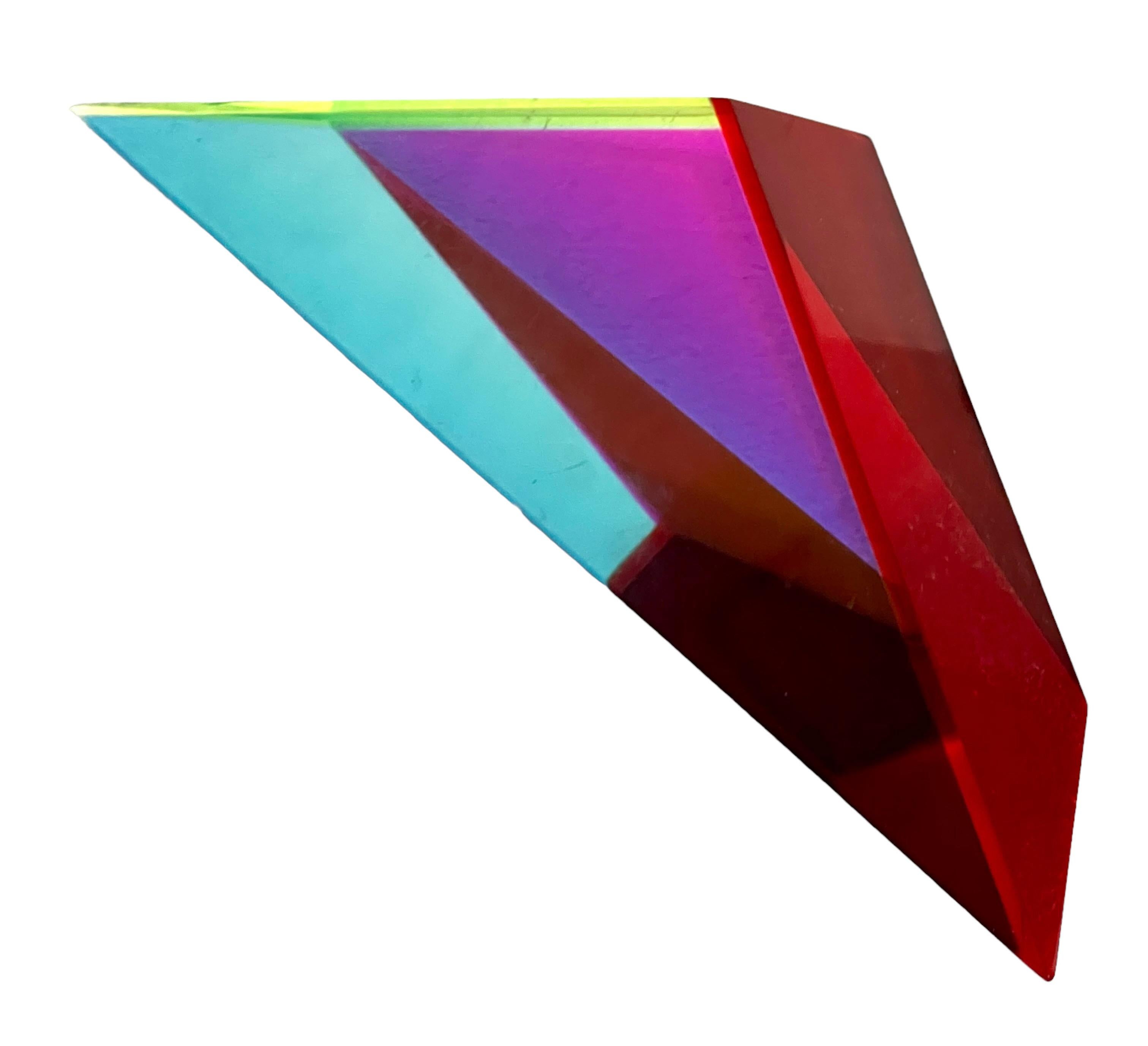 Hand Signed Dated 1993 Colorful Acrylic Vasa Laminated Lucite Triangle Sculpture For Sale 9