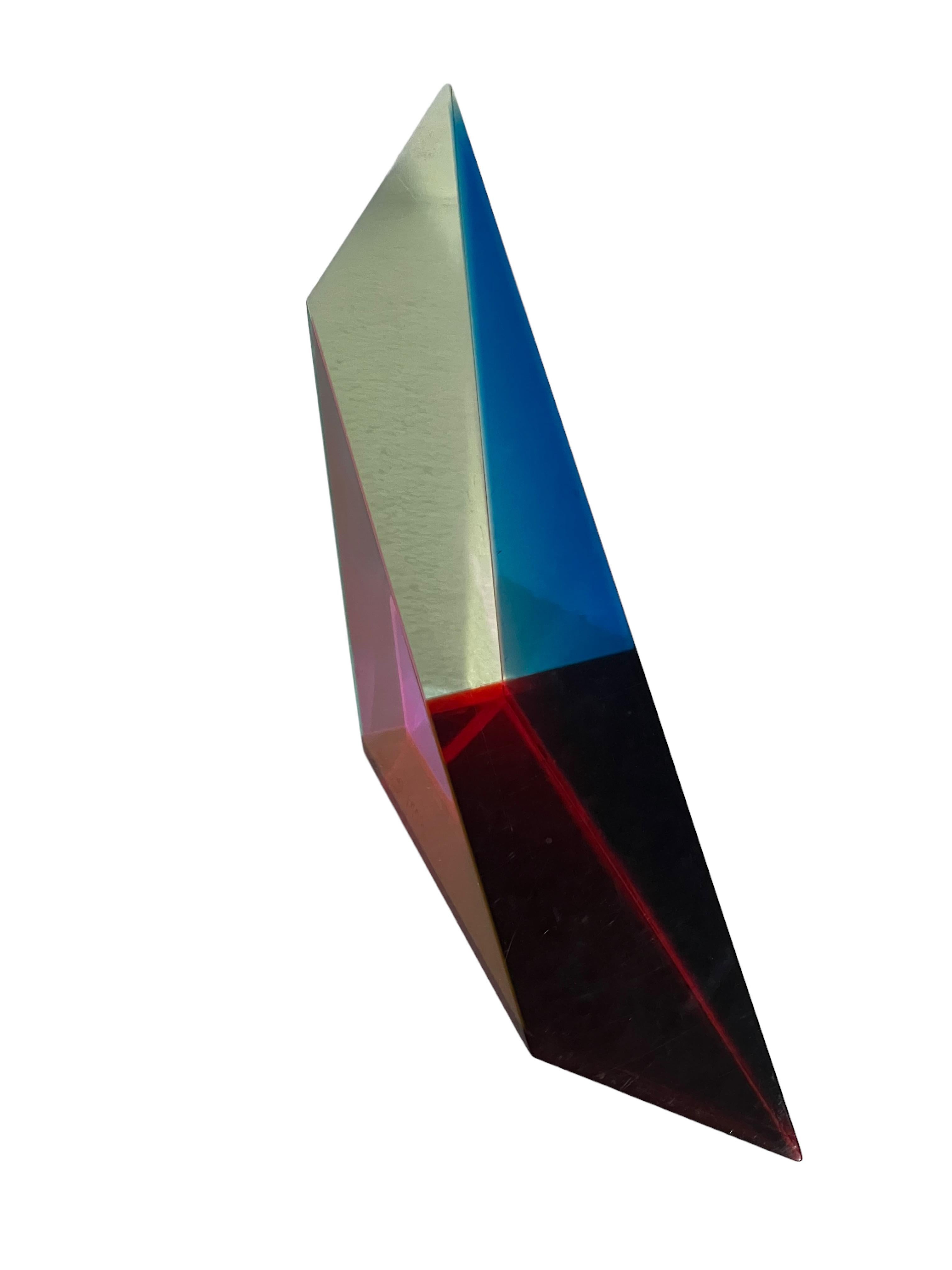 Hand Signed Dated 1993 Colorful Acrylic Vasa Laminated Lucite Triangle Sculpture - Purple Abstract Sculpture by Vasa Velizar Mihich