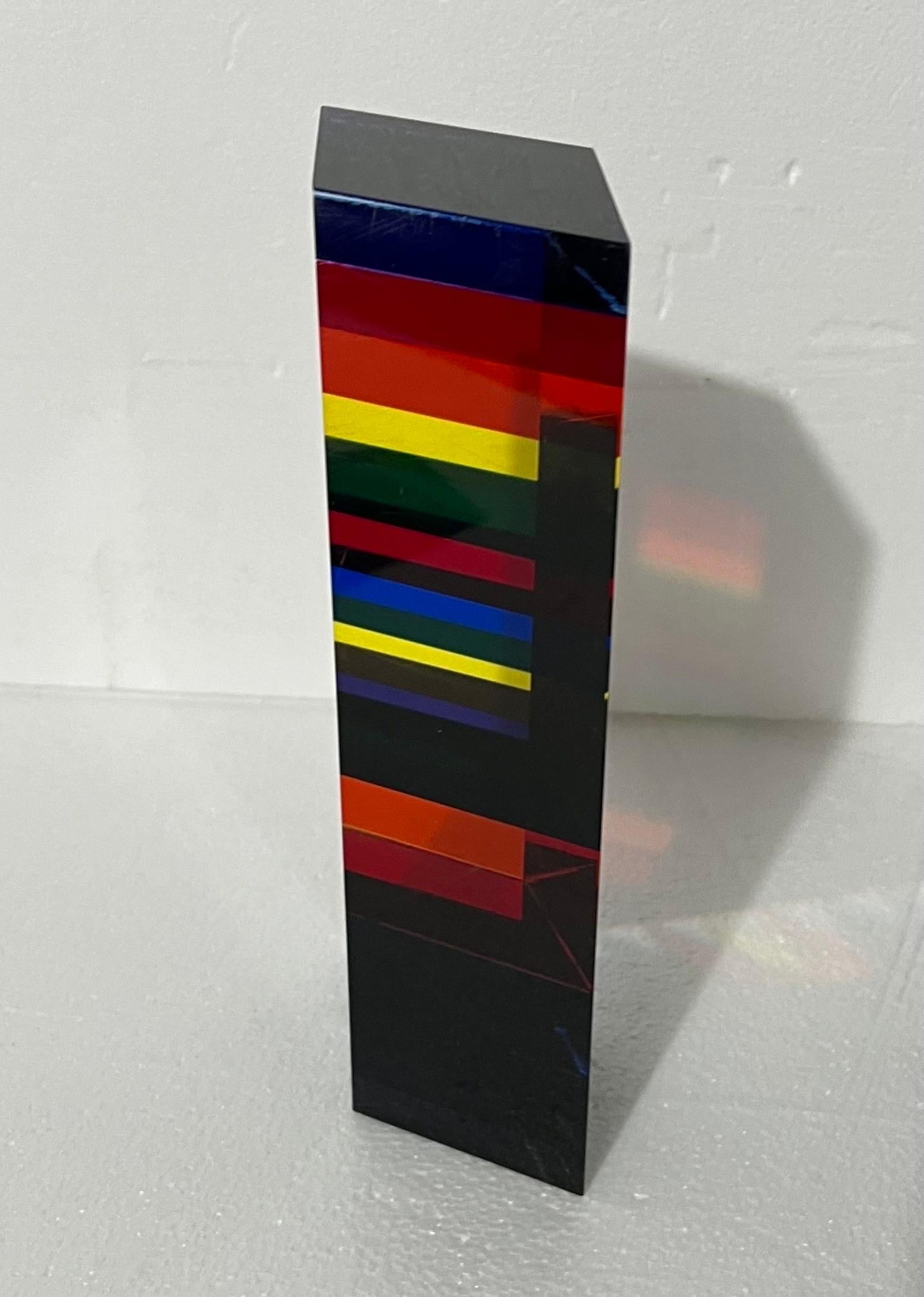 Hand Signed Dated 2001 Colorful Acrylic Vasa Laminated Lucite Triangle Sculpture For Sale 6