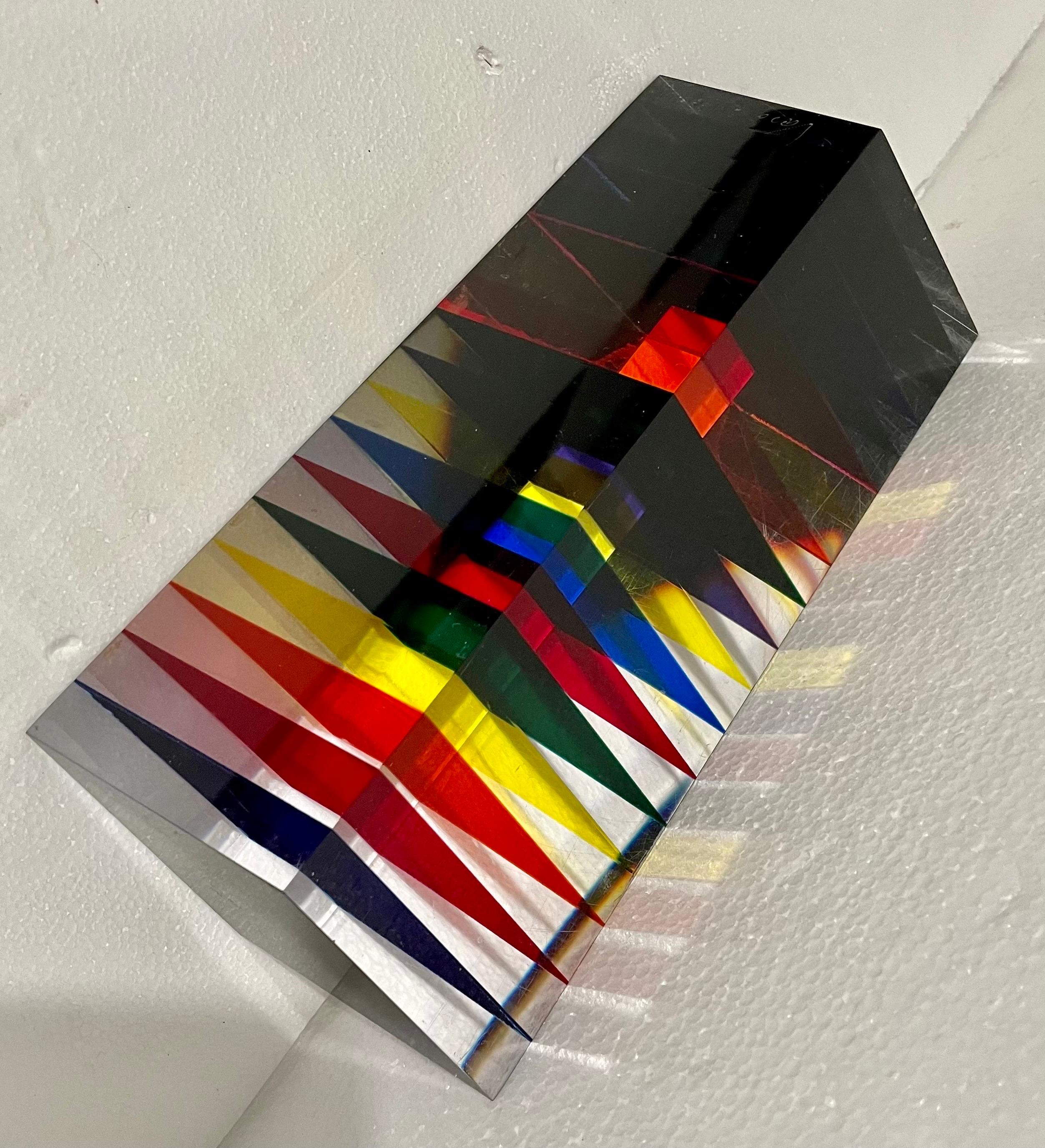 Hand Signed Dated 2001 Colorful Acrylic Vasa Laminated Lucite Triangle Sculpture For Sale 13