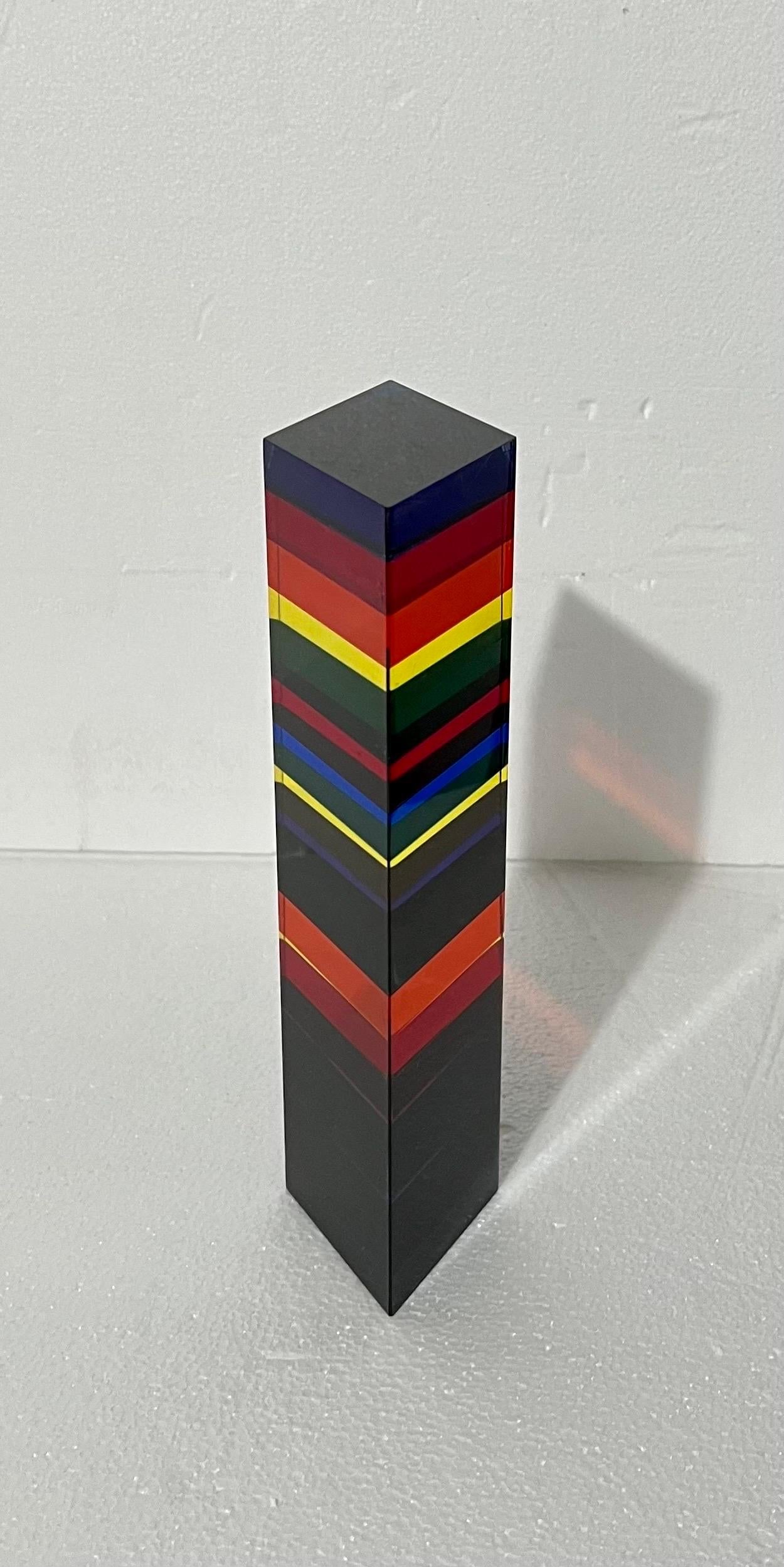 Hand Signed Dated 2001 Colorful Acrylic Vasa Laminated Lucite Triangle Sculpture For Sale 1