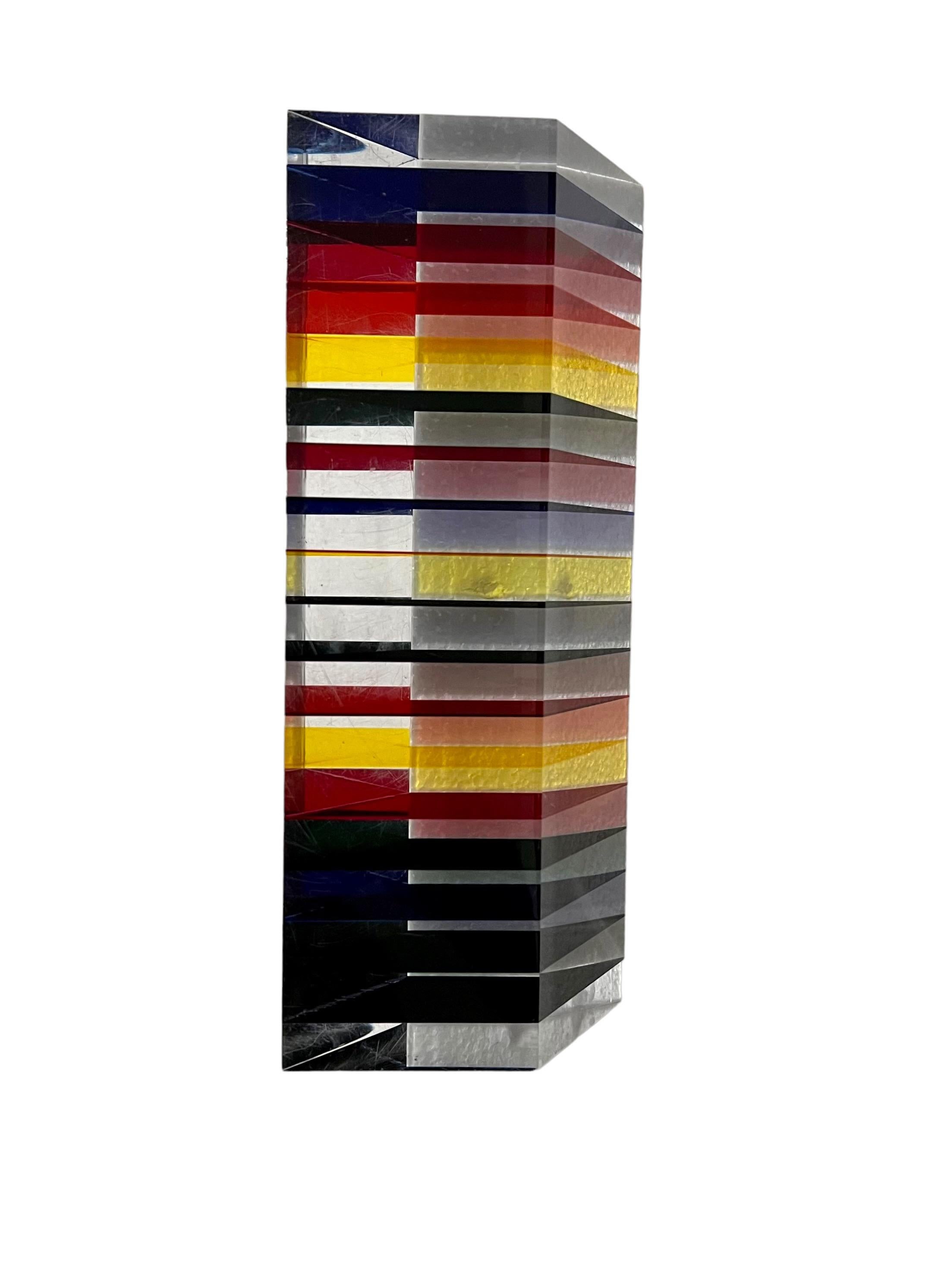 Hand Signed Dated 2001 Colorful Acrylic Vasa Laminated Lucite Triangle Sculpture For Sale 3