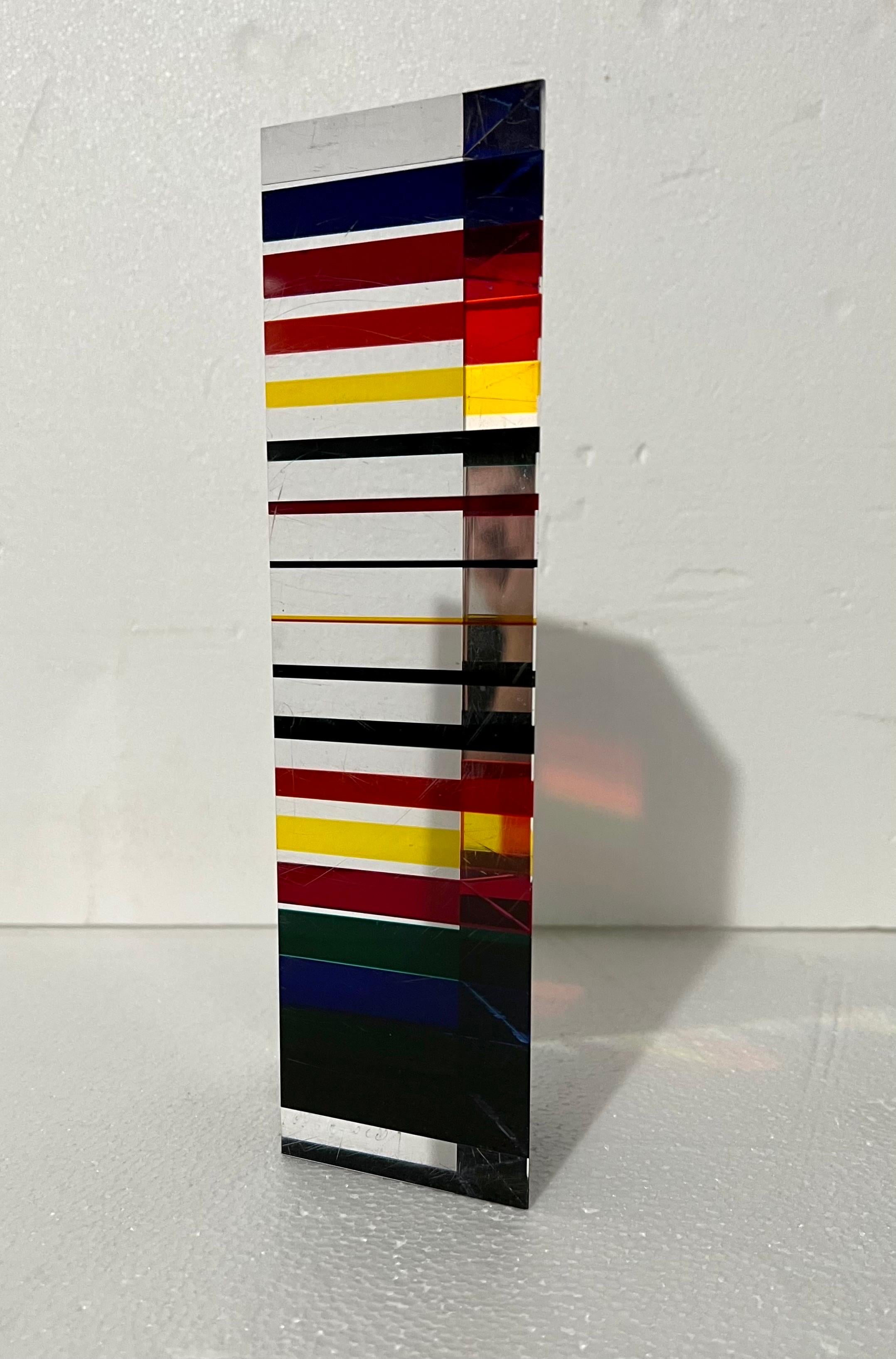 Hand Signed Dated 2001 Colorful Acrylic Vasa Laminated Lucite Triangle Sculpture For Sale 4