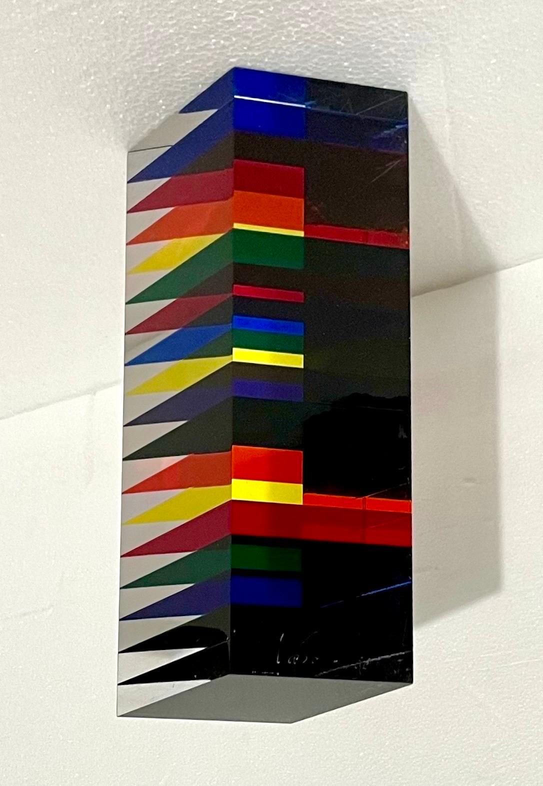Vasa Velizar Mihich Abstract Sculpture - Hand Signed Dated 2001 Colorful Acrylic Vasa Laminated Lucite Triangle Sculpture