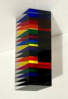 Hand Signed Dated 2001 Colorful Acrylic Vasa Laminated Lucite Triangle Sculpture