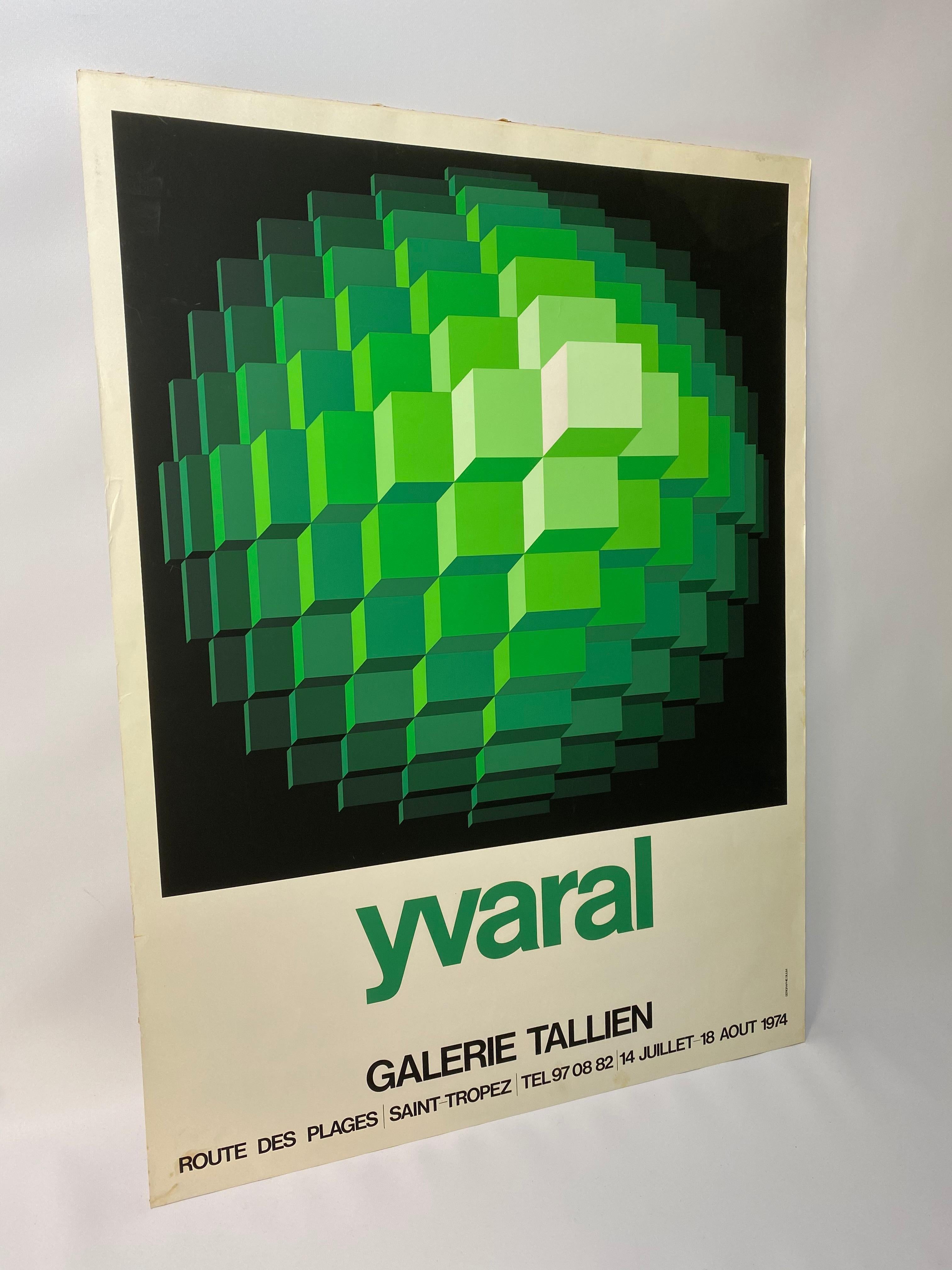 Yvaral (Jean-Pierre Vasarely), son of Victor Vasarely, Galerie Tallien 1974 Serigraph Op-Art exhibition poster. Seregraphie Silium. Loose, unmounted poster. Good overall condition with some staining and minor creases. Jean-Pierre and Victor