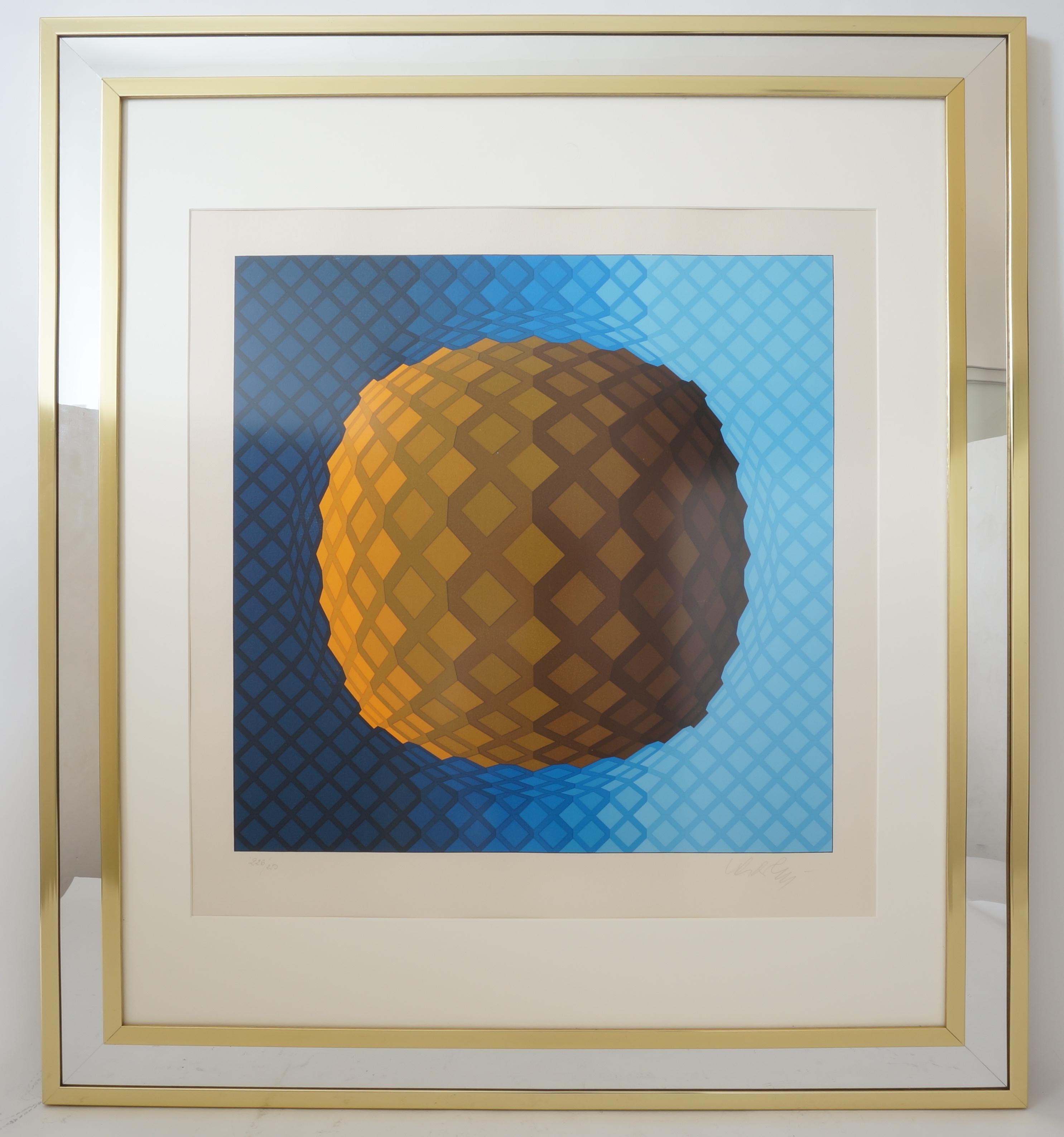 Vintage Vasarely Pencil Signed and Numbered Limited Edition Op Art Original Print Custom Mirror Framed with polished brass from a Palm Beach estate

Frame size is 36 1/4 h x 32 3/4 w x 1