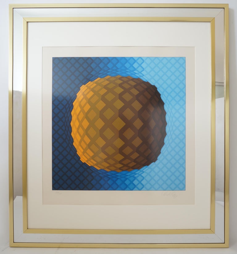 Vintage Vasarely Pencil Signed and Numbered Limited Edition Op Art Original Print Custom Mirror Framed with polished brass from a Palm Beach estate

Frame size is 36 1/4 h x 32 3/4 w x 1