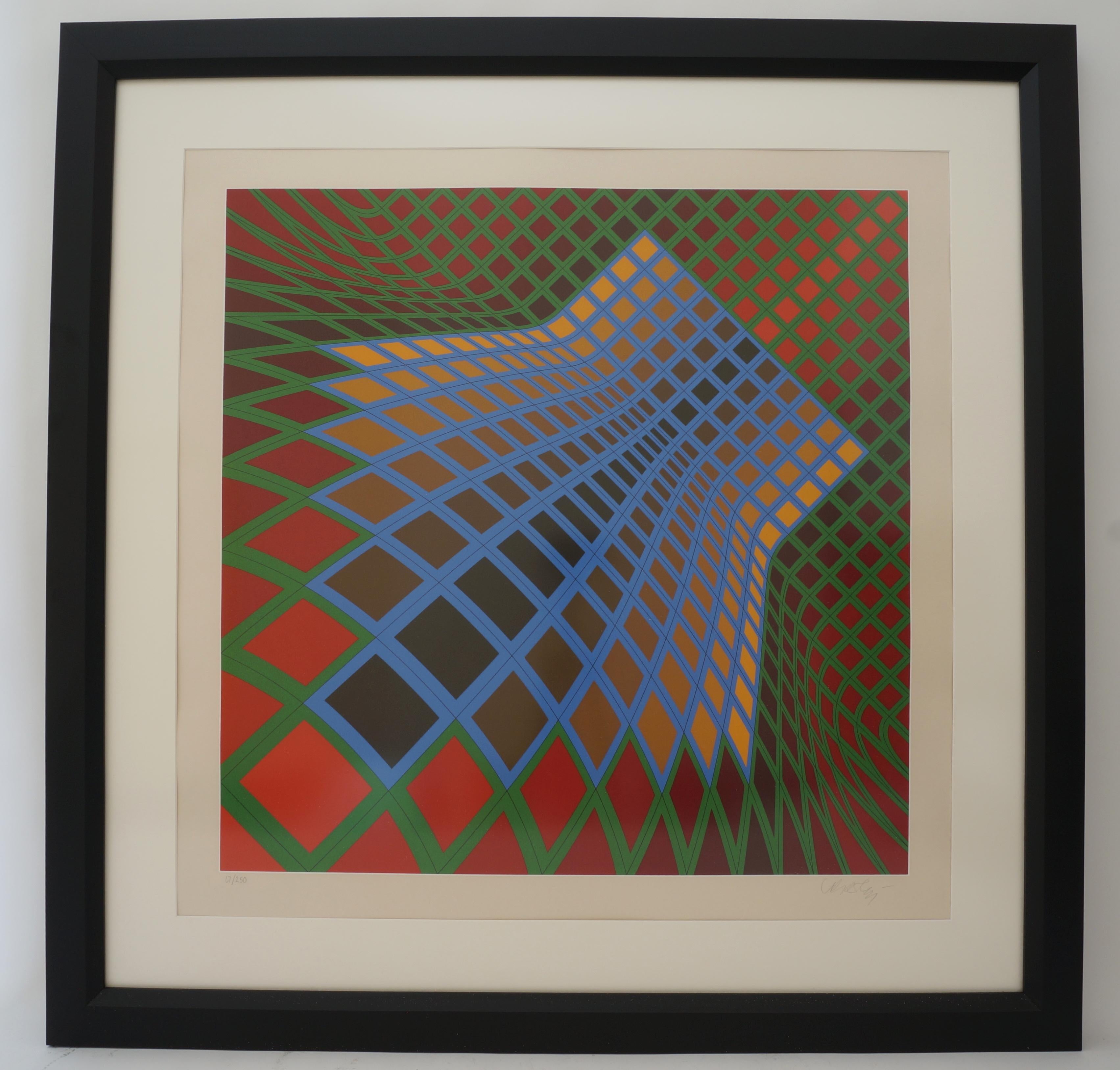Vintage Vasarely Pencil Signed and Numbered Limited Edition 67/250 Op Art Original Print Custom Framed from a Palm Beach estate

Frame size is 38 h x 38 w x 1 3/8
