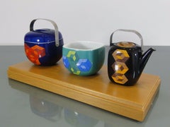 Vasarely Three-Part Miniature Crockery on a Wooden Tray, 1976