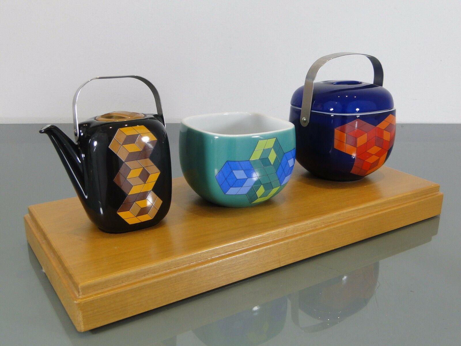 French Vasarely Three-Part Miniature Crockery on a Wooden Tray, 1976 For Sale